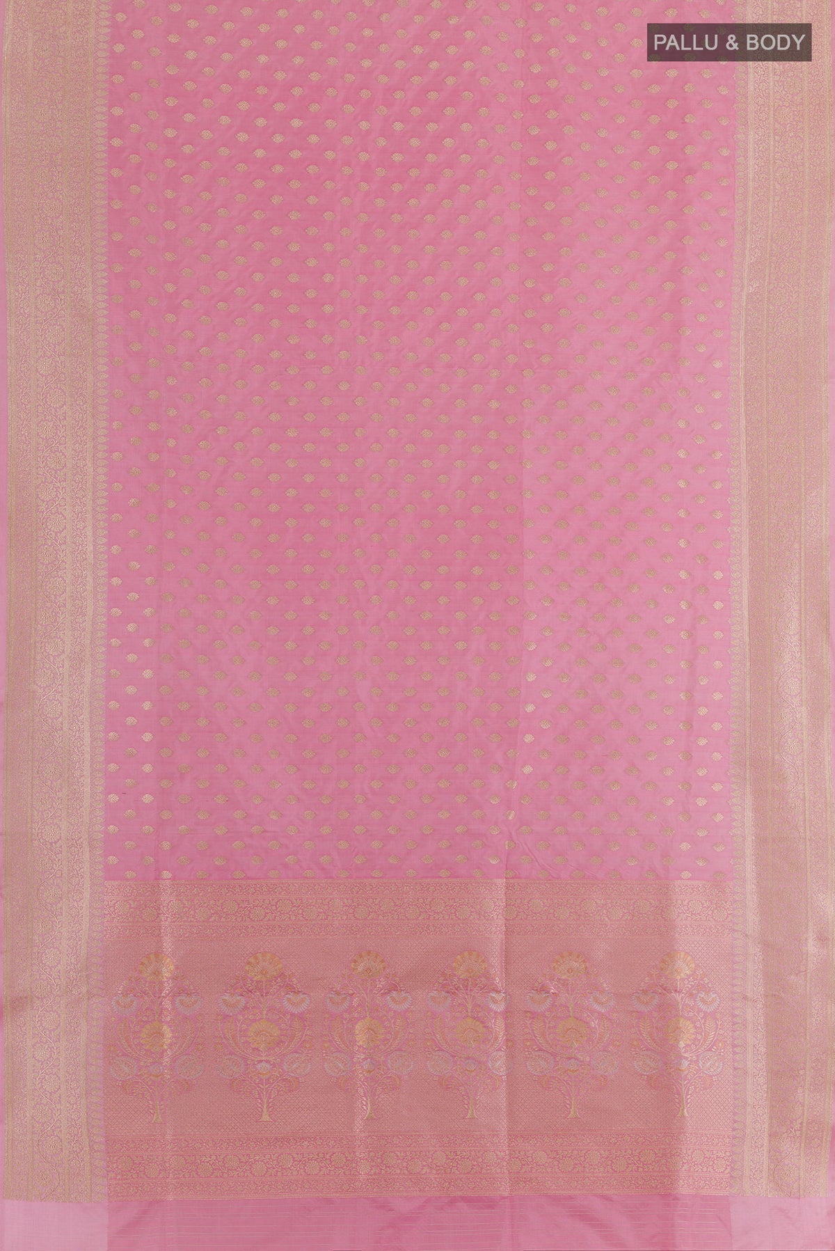 Flat view of Pink Banarasi Silk Saree with Zari Butta on the body and Zari Border. 