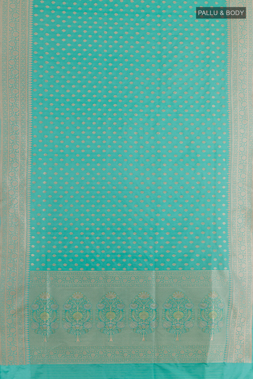 Flat view of Blue Banarasi Silk Saree with Zari Butta on the body and Zari Border. 