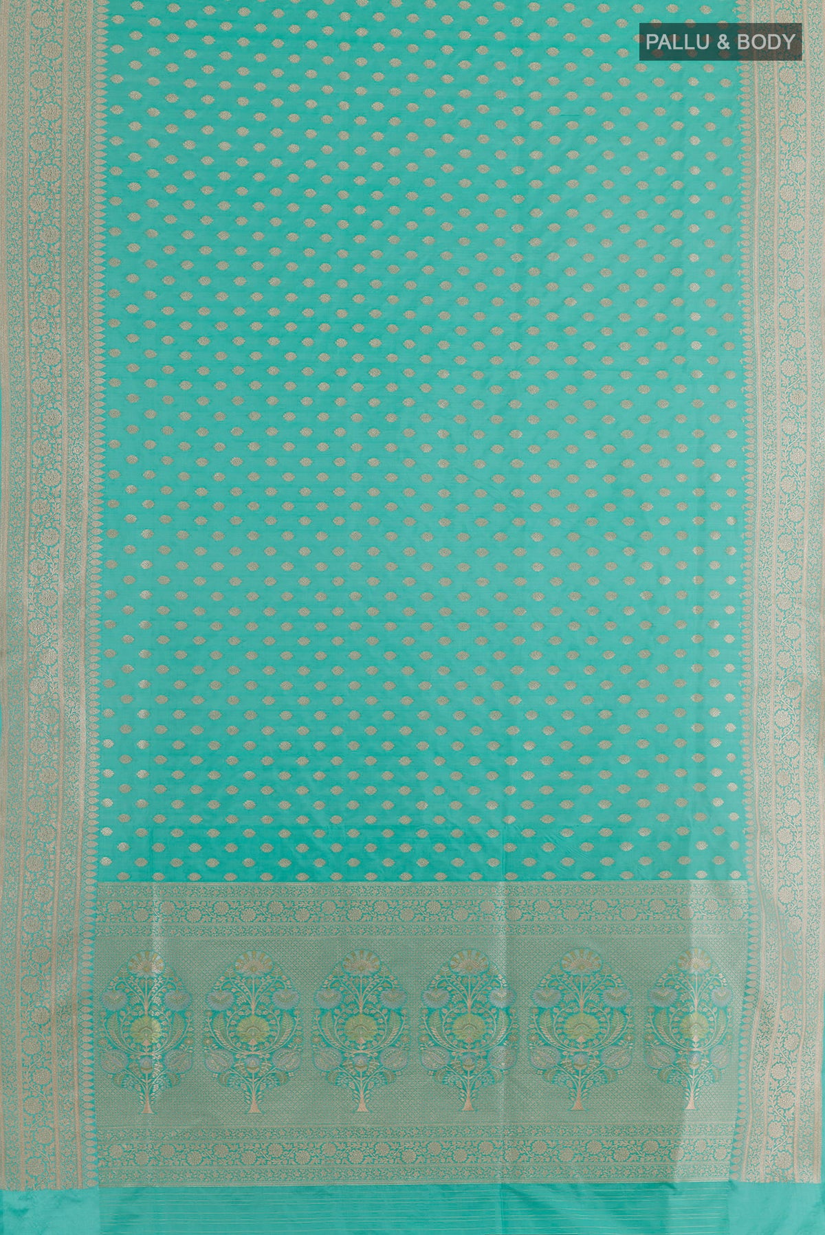 Flat view of Blue Banarasi Silk Saree with Zari Butta on the body and Zari Border. 