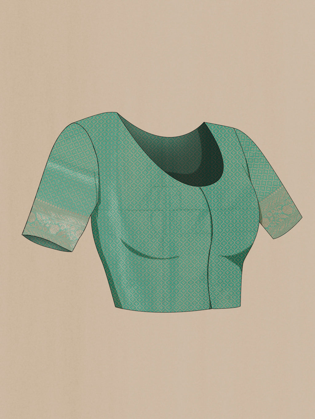Close up image of the blouse of Pure Silk Sea Green Banarasi Saree with Zari Brocade on the body and Zari Border. 