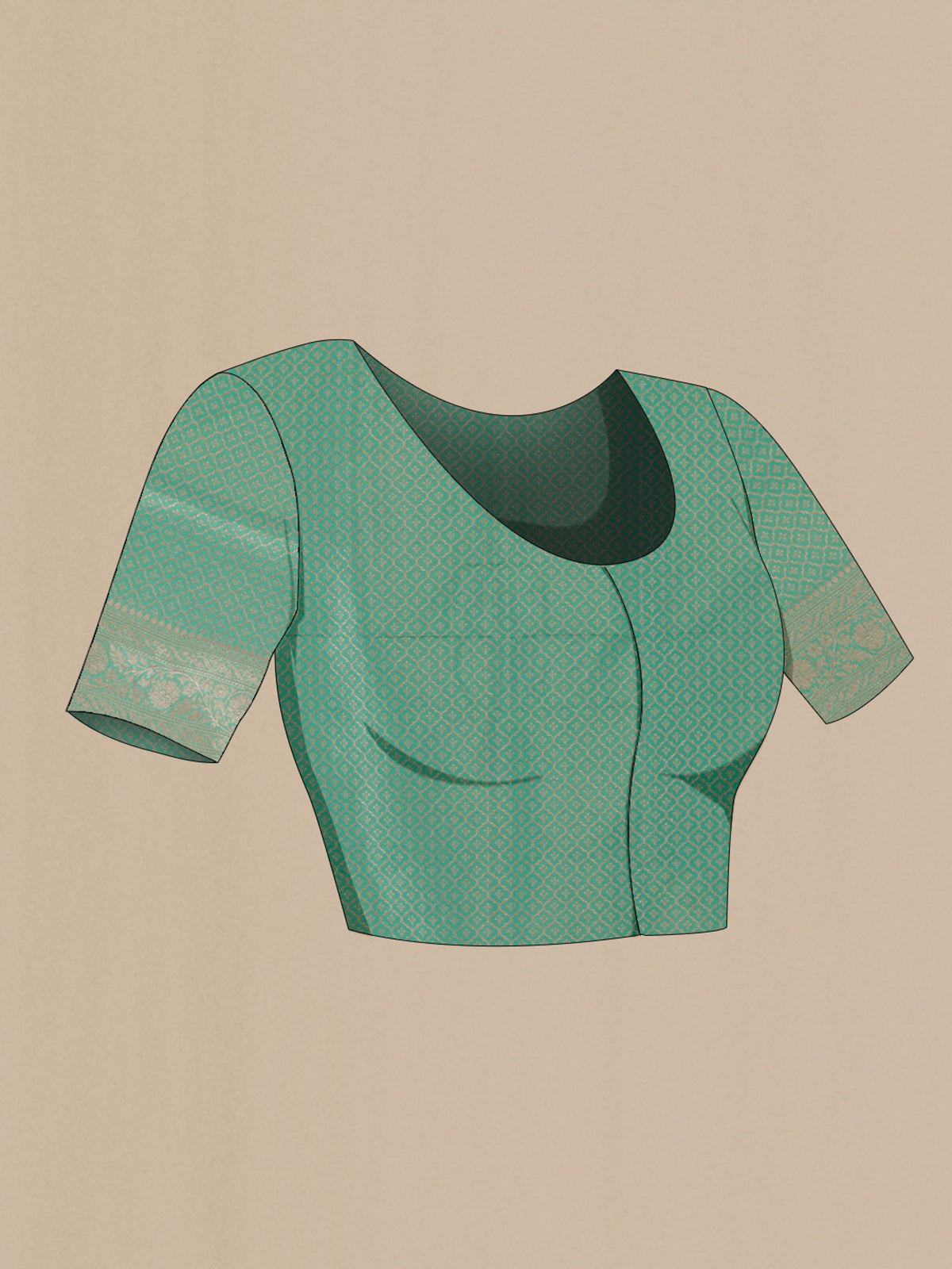 Close up image of the blouse of Pure Silk Sea Green Banarasi Saree with Zari Brocade on the body and Zari Border. 