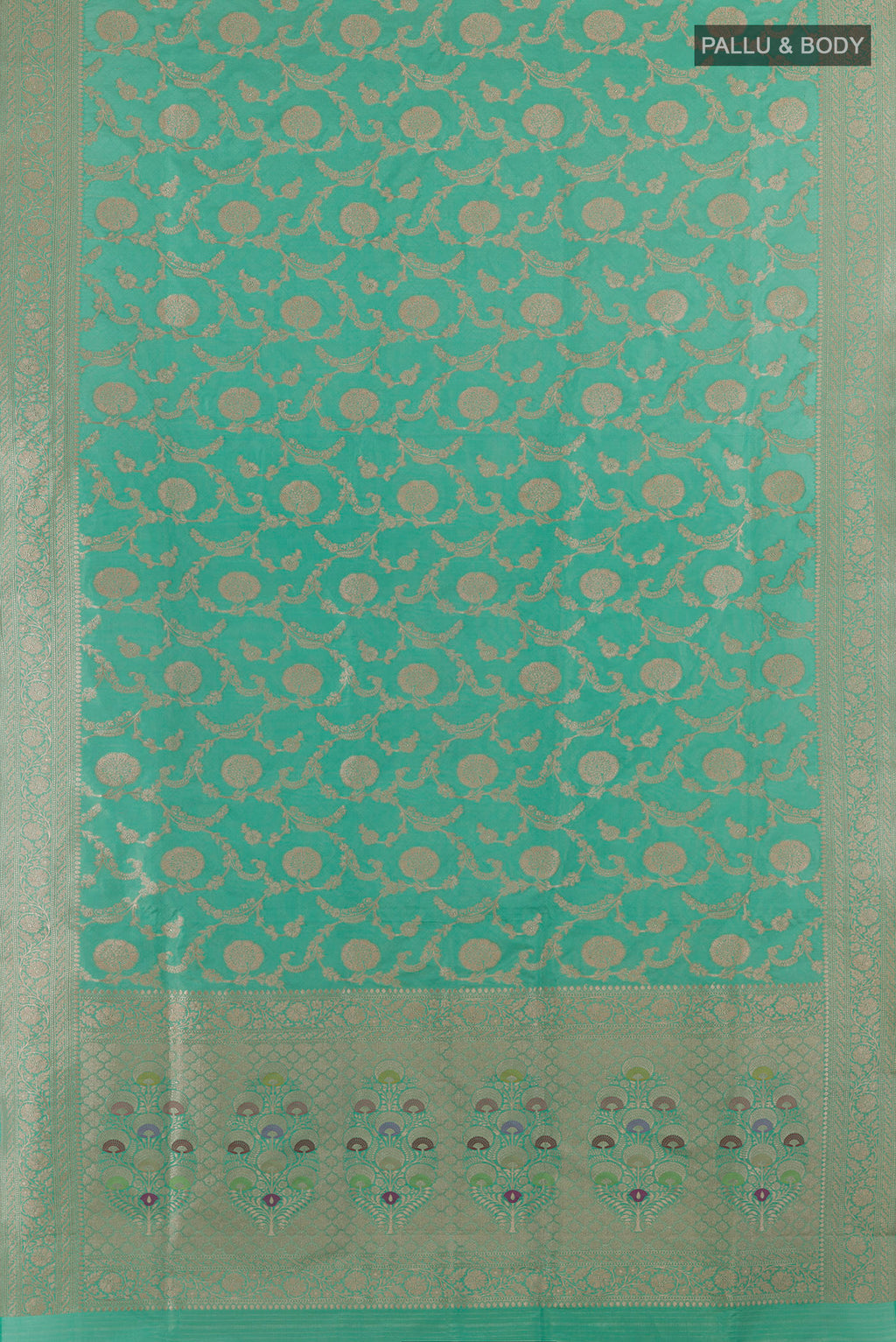 Flat view of Pure Silk Sea Green Banarasi Saree with Zari Brocade on the body and Zari Border. 