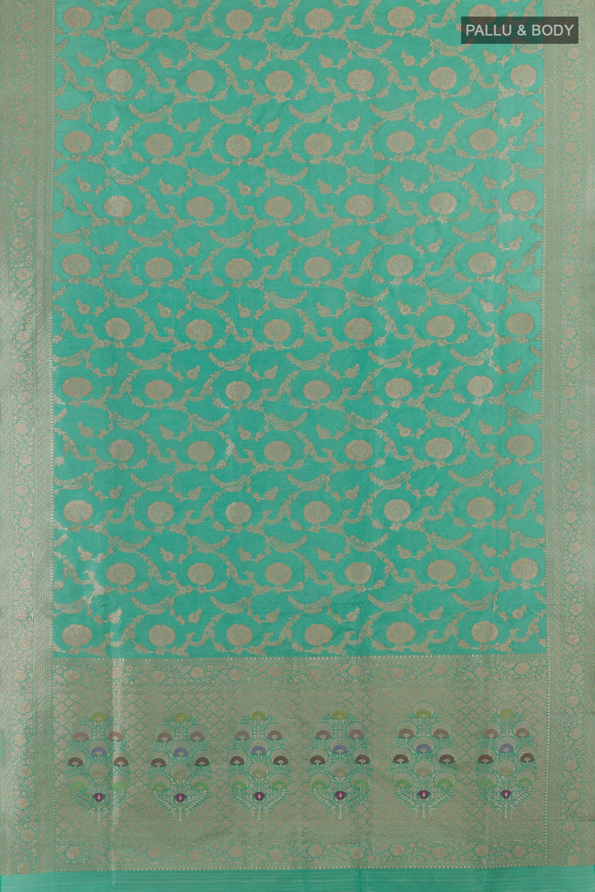Flat view of Pure Silk Sea Green Banarasi Saree with Zari Brocade on the body and Zari Border. 