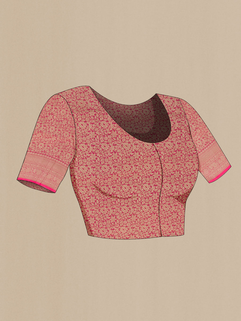 Close up image of the blouse of Pink Banarasi Silk Saree with Zari Brocade on the body and Zari Border. 