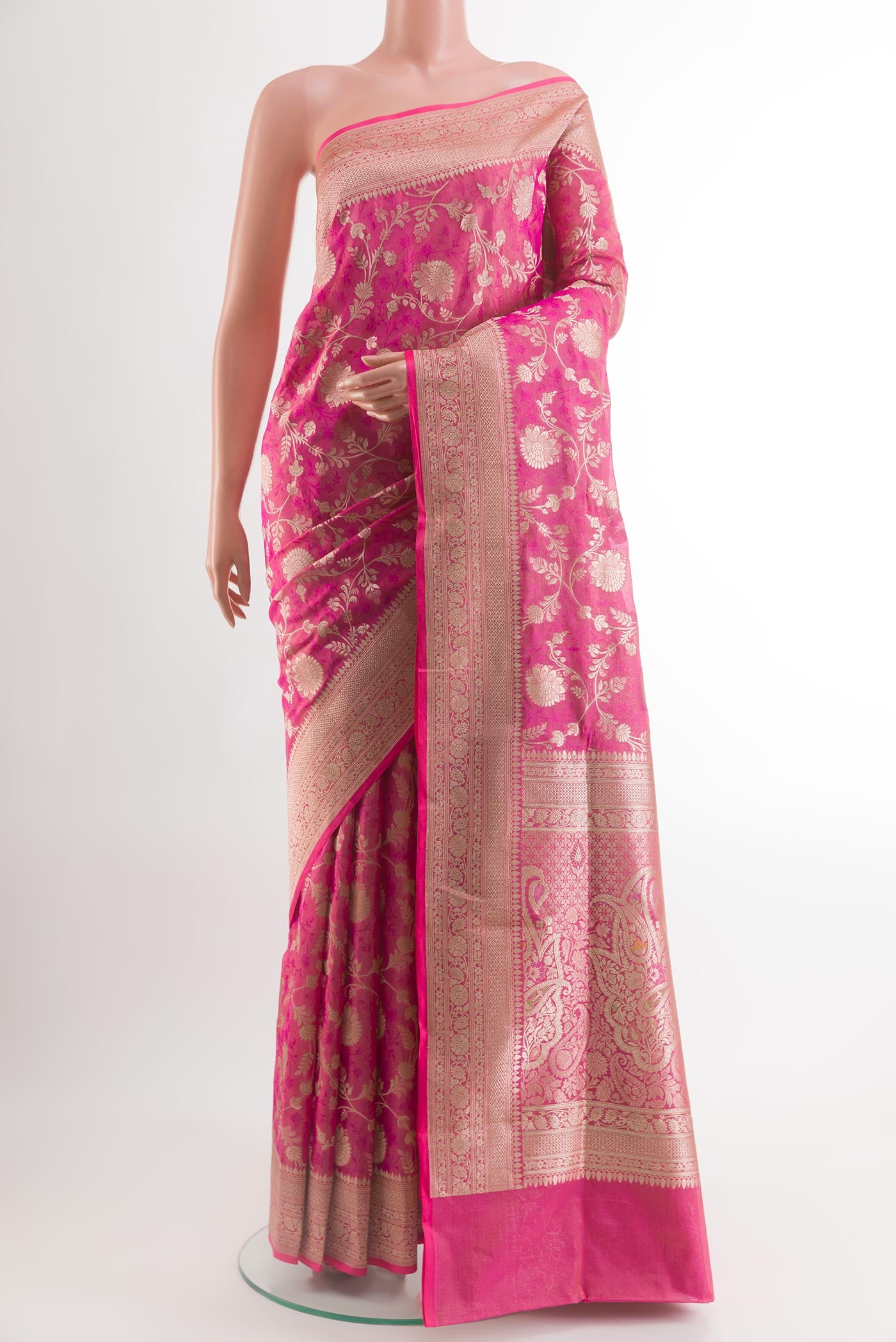 Pink Banarasi Silk Saree with Zari Brocade on the body and Zari Border.  displayed on a mannequin