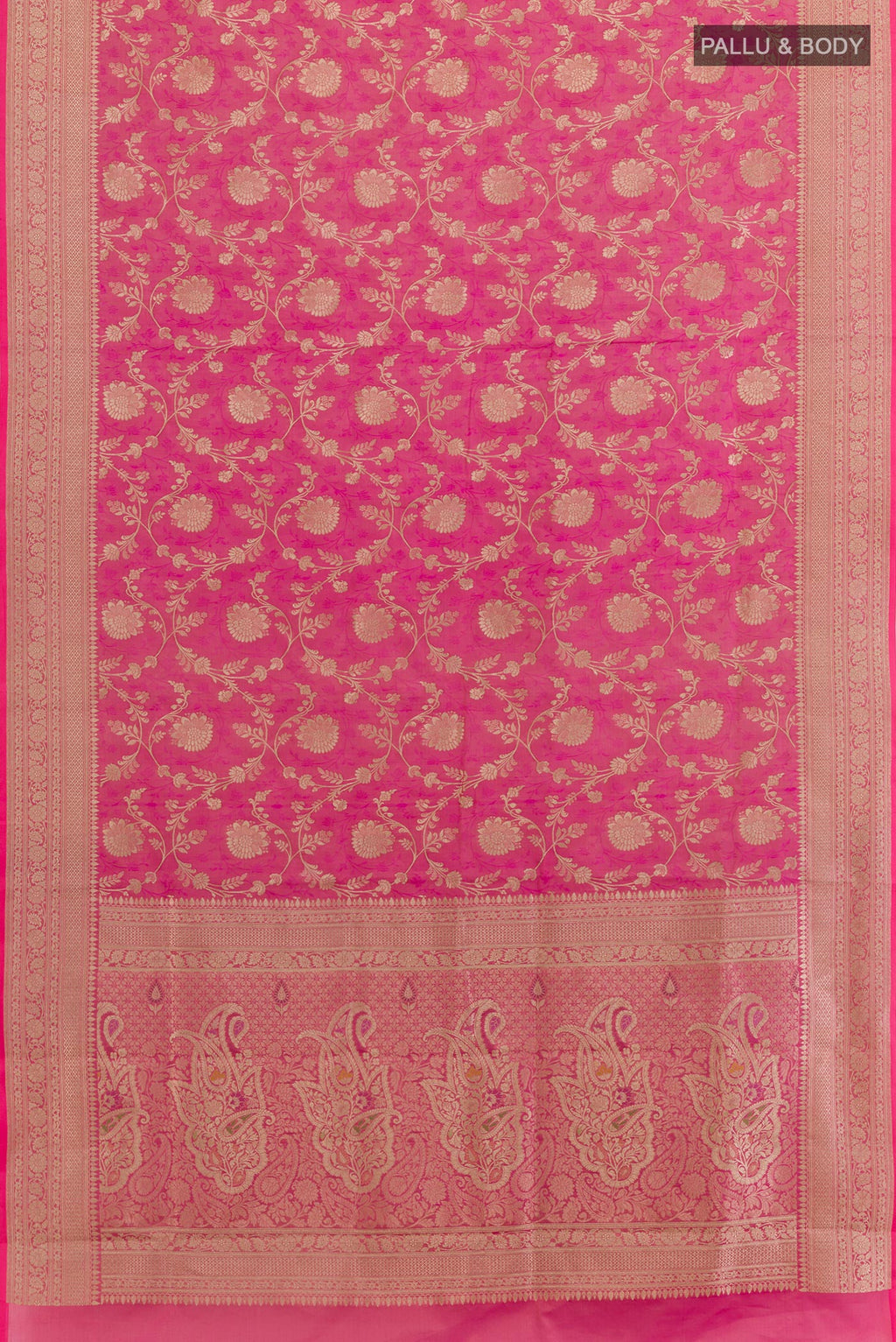 Flat view of Pink Banarasi Silk Saree with Zari Brocade on the body and Zari Border. 