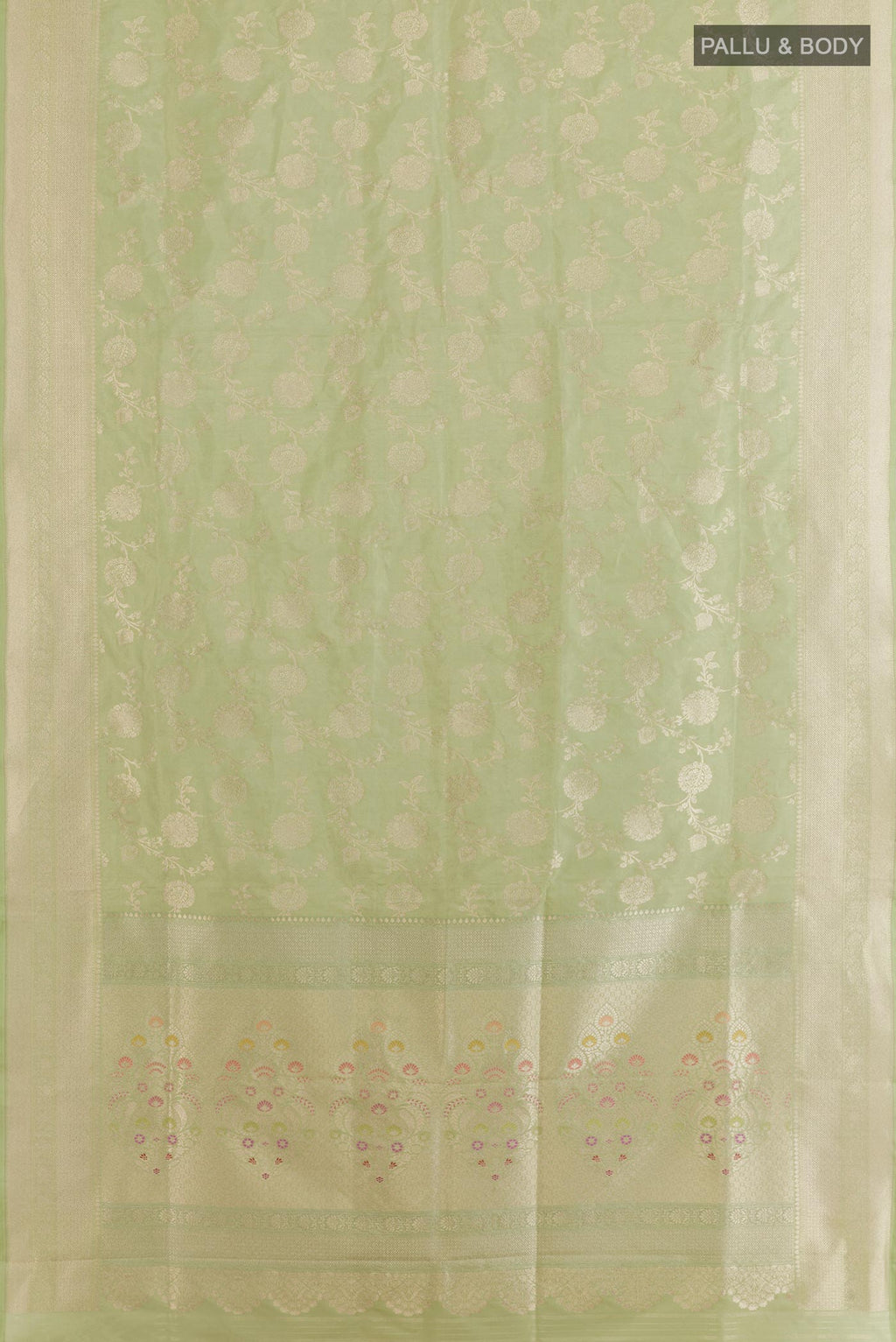 Flat view of Light Green Banarasi Silk Saree with Zari Brocade on the body and Zari Border. 