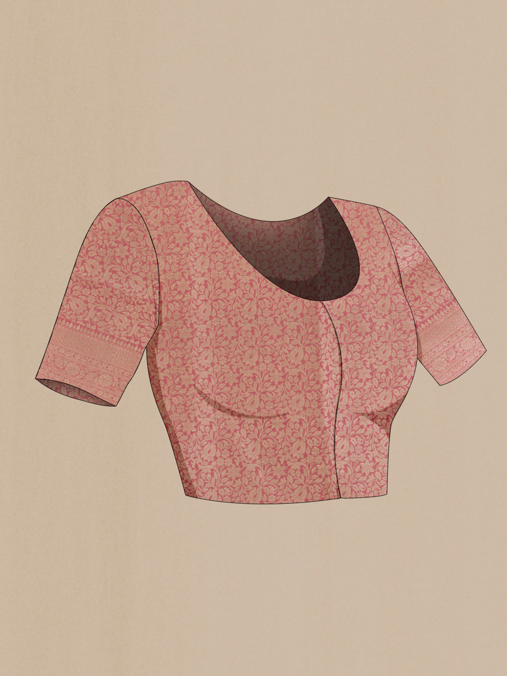 Close up image of the blouse of Pure Silk Pink Banarasi Saree with Zari Brocade on the body and Zari Border. 