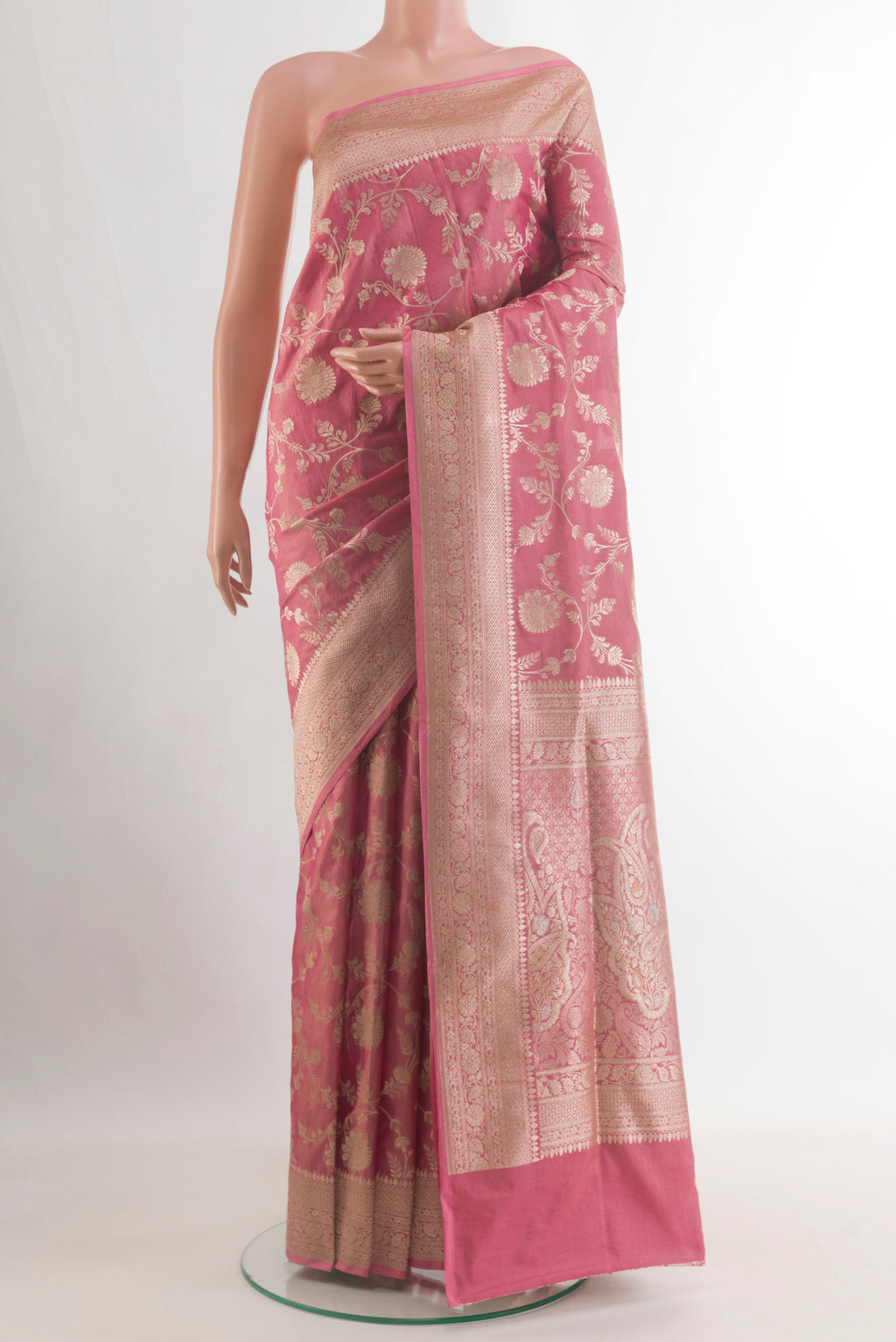 Pure Silk Pink Banarasi Saree with Zari Brocade on the body and Zari Border.  displayed on a mannequin