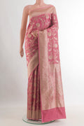 Pure Silk Pink Banarasi Saree with Zari Brocade on the body and Zari Border.  displayed on a mannequin