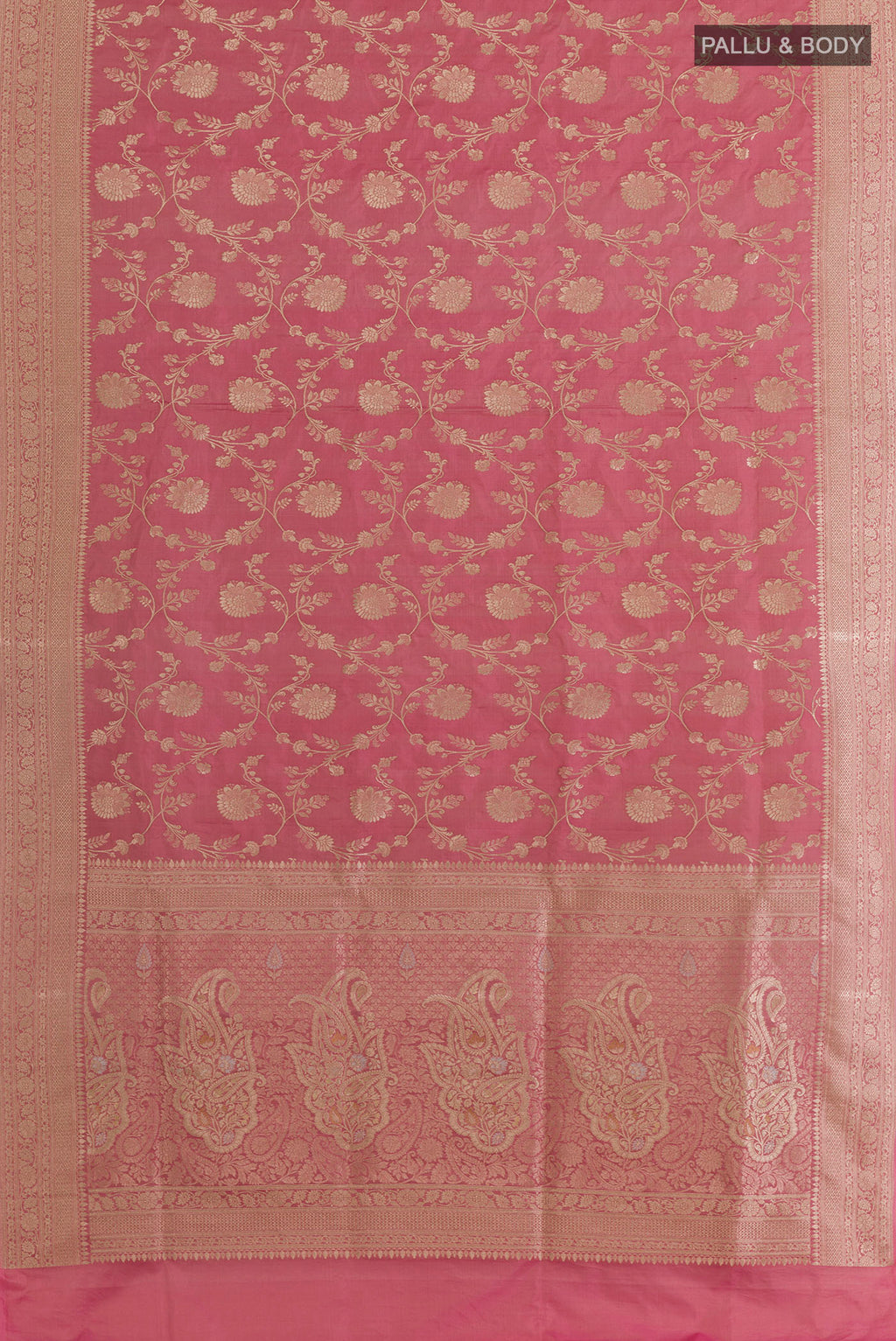 Flat view of Pure Silk Pink Banarasi Saree with Zari Brocade on the body and Zari Border. 