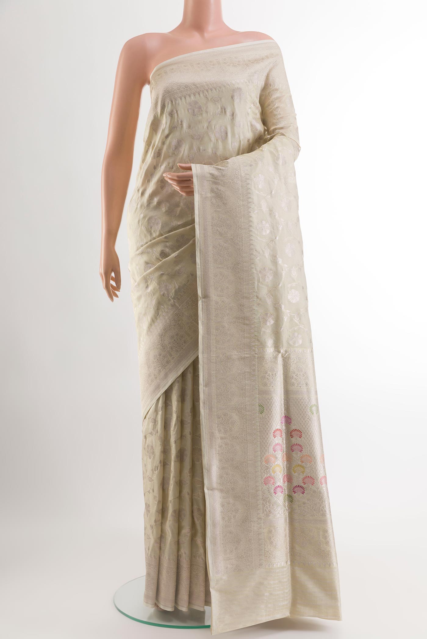Off White Banarasi Silk Saree with Zari Brocade on the body and Zari Border.  displayed on a mannequin