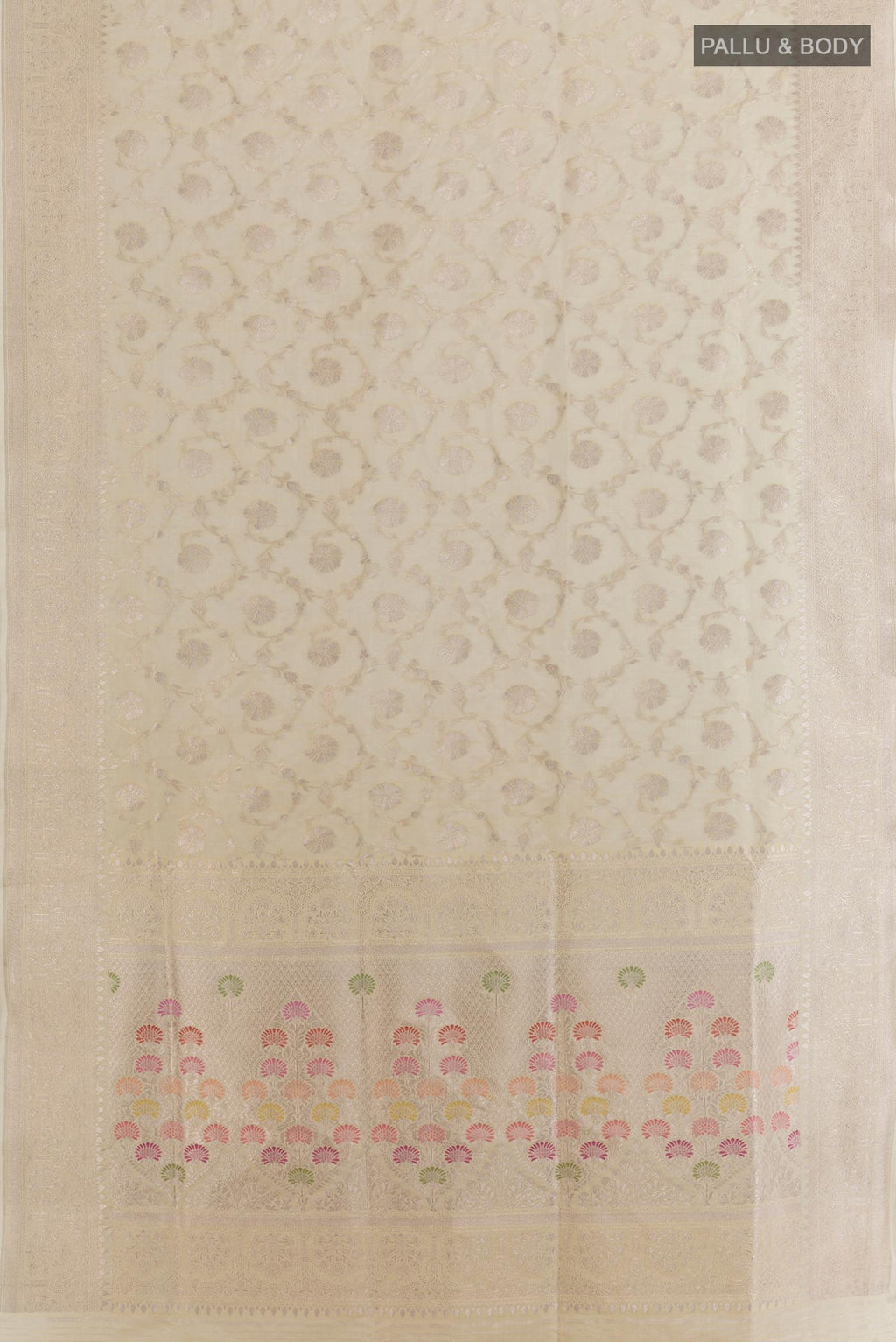 Flat view of Off White Banarasi Silk Saree with Zari Brocade on the body and Zari Border. 