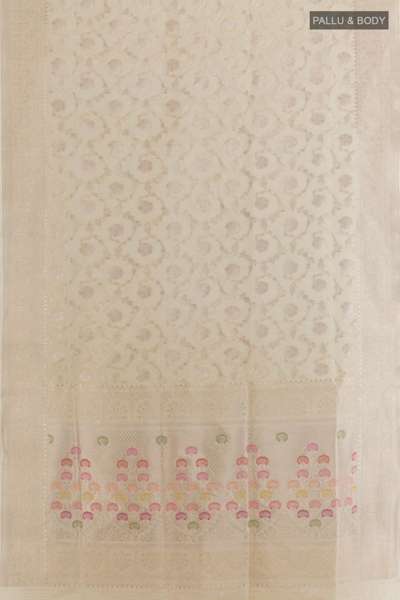 Flat view of Off White Banarasi Silk Saree with Zari Brocade on the body and Zari Border. 