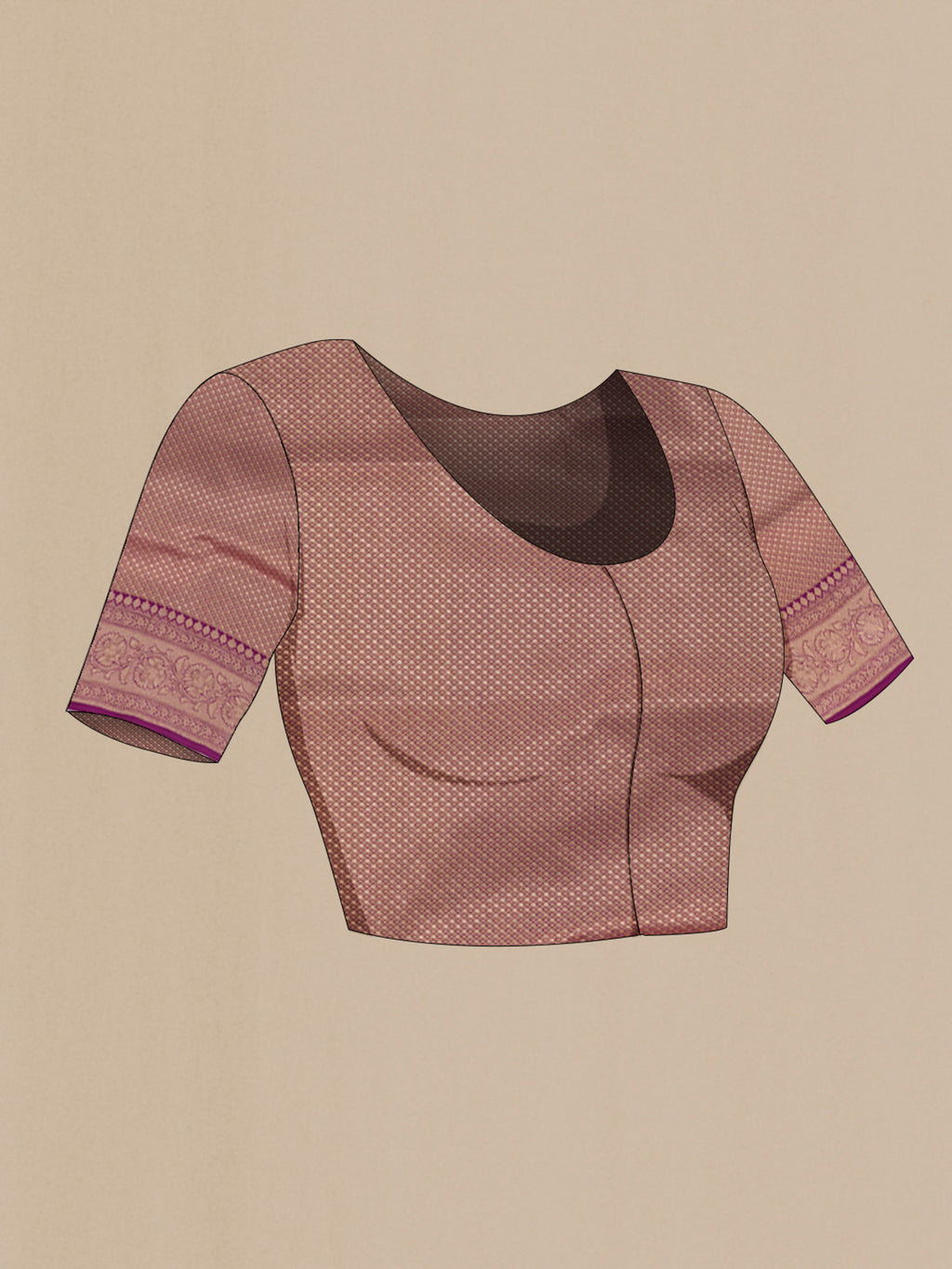 Close up image of the blouse of Rose Gold Banarasi Silk Saree with Zari Brocade on the body and Zari Border. 