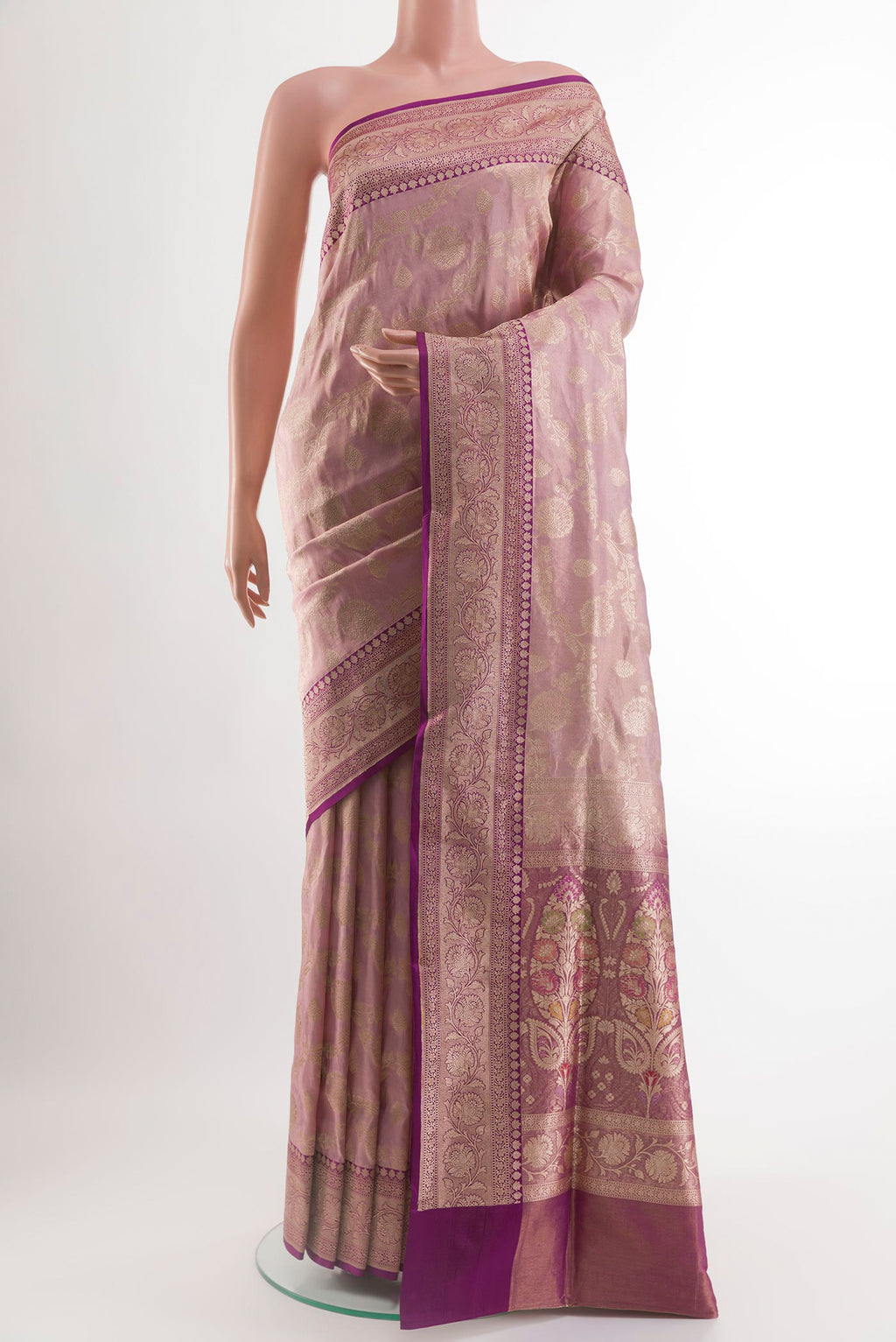 Rose Gold Banarasi Silk Saree with Zari Brocade on the body and Zari Border.  displayed on a mannequin