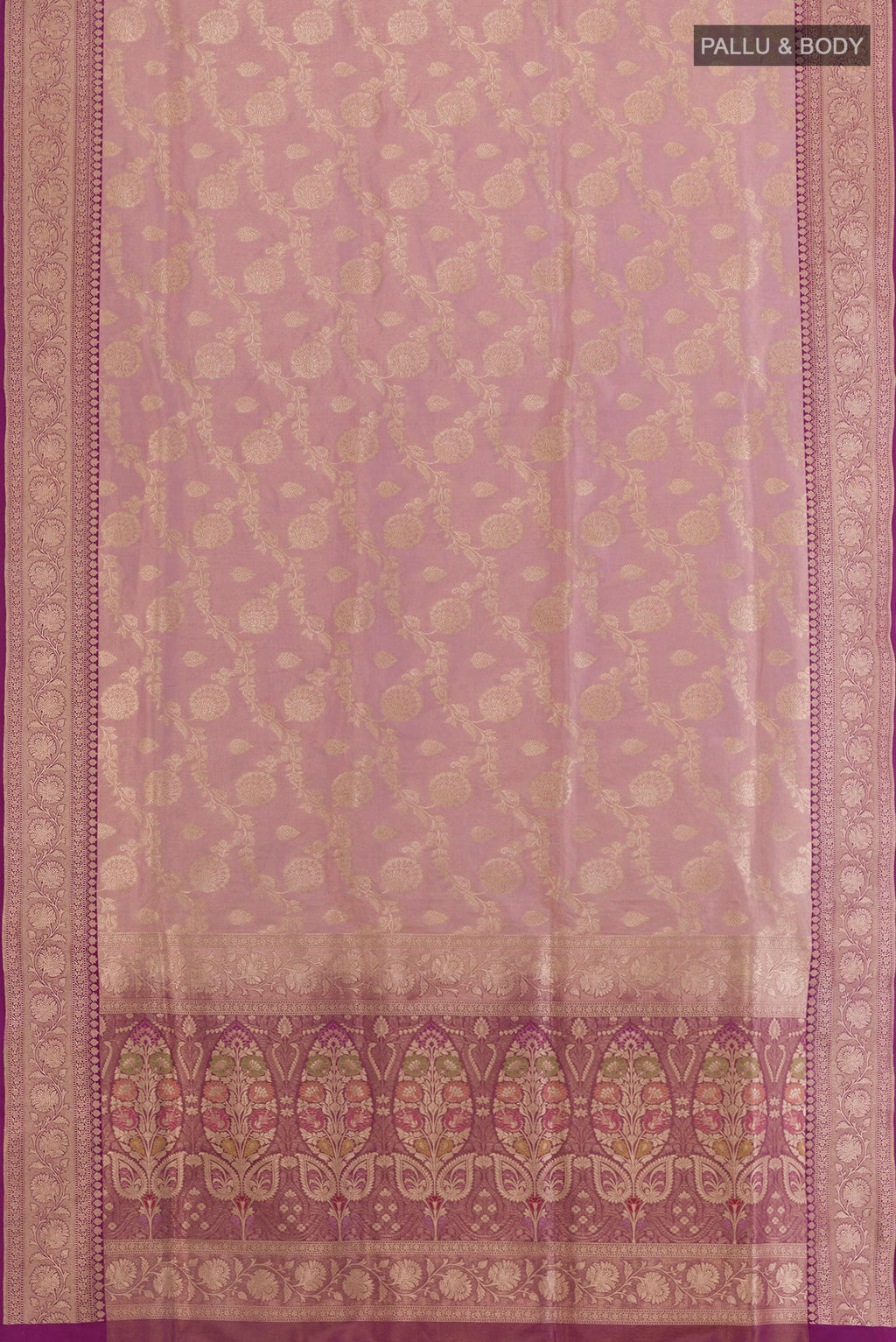 Flat view of Rose Gold Banarasi Silk Saree with Zari Brocade on the body and Zari Border. 
