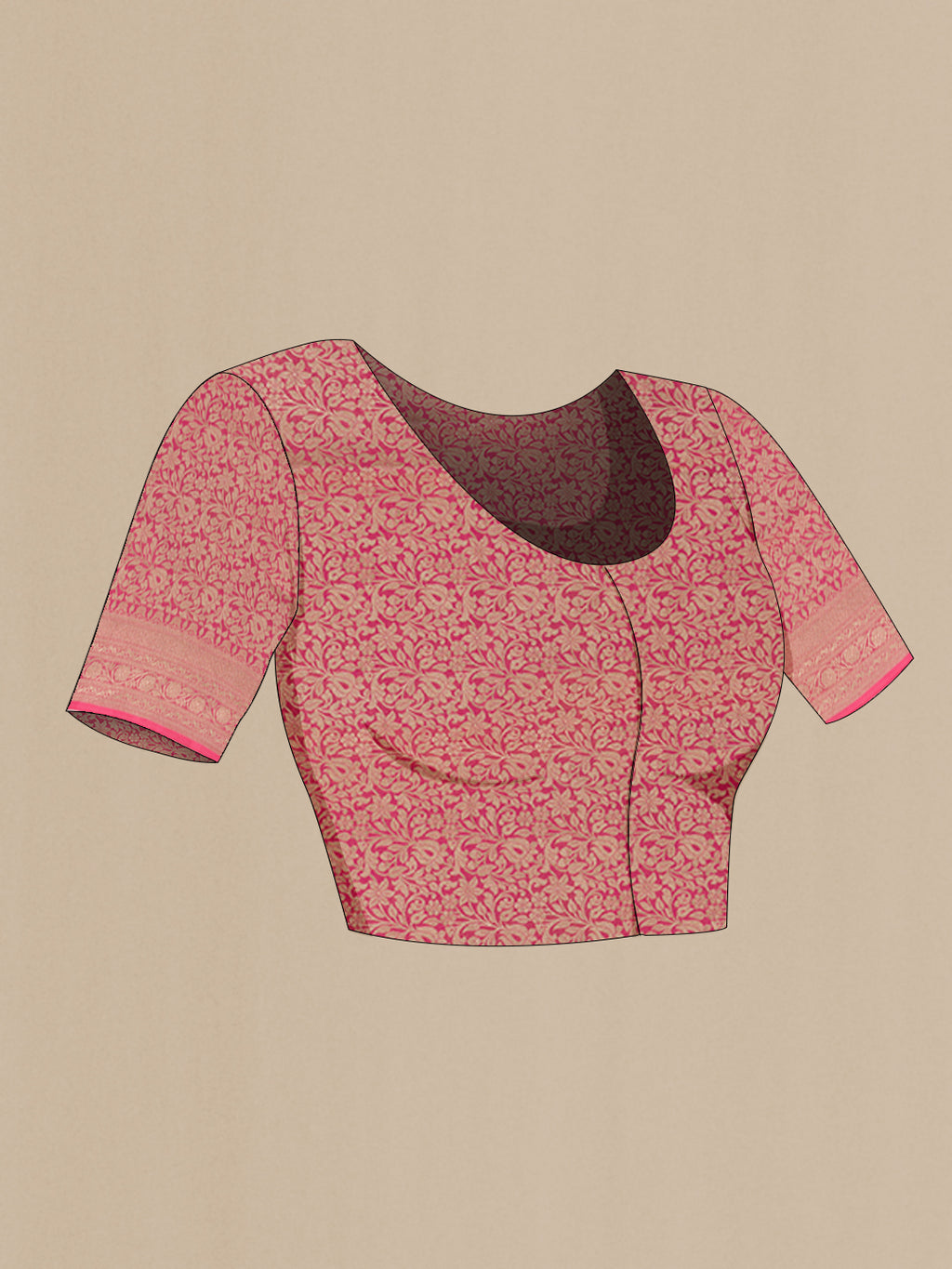 Close up image of the blouse of Pink Banarasi Silk Saree with Zari Brocade on the body and Zari Border. 