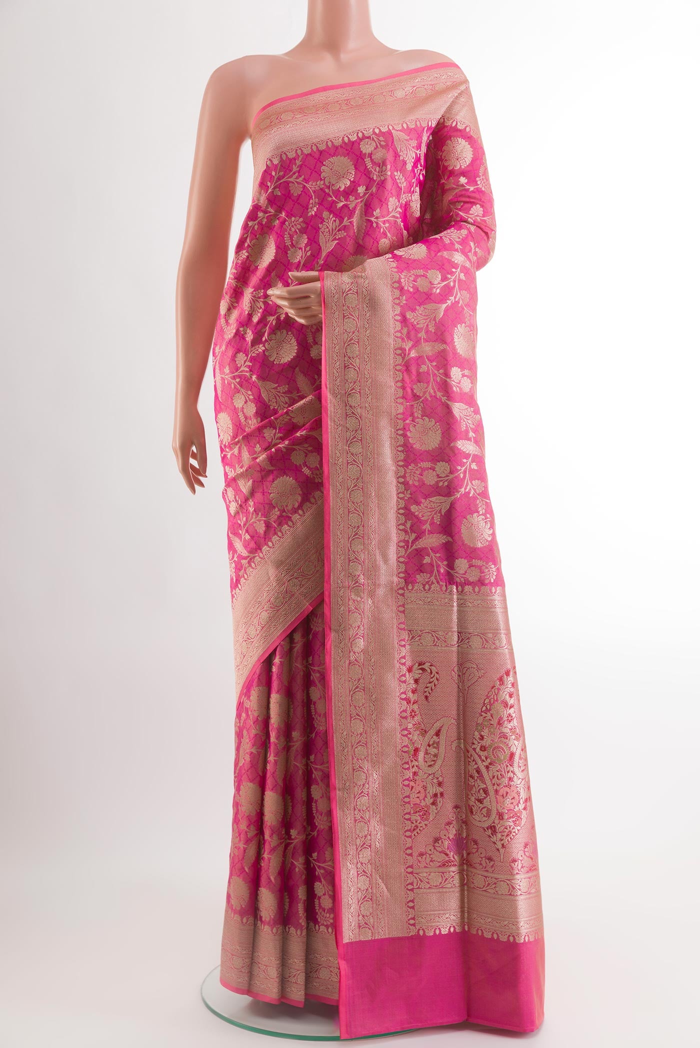 Pink Banarasi Silk Saree with Zari Brocade on the body and Zari Border.  displayed on a mannequin