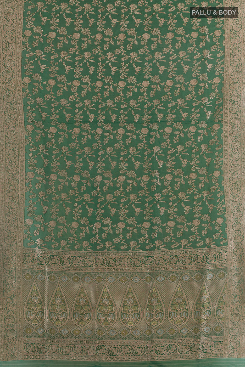 Flat view of Pure Silk Green Banarasi Saree with Zari Brocade on the body and Zari Border. 