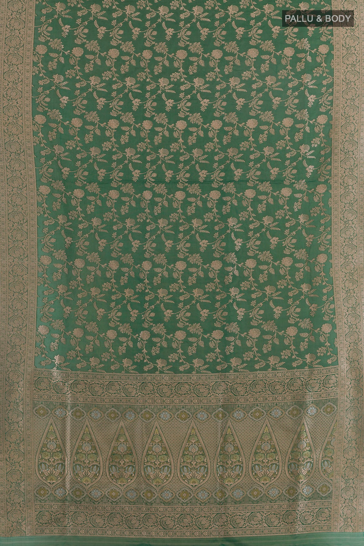 Flat view of Pure Silk Green Banarasi Saree with Zari Brocade on the body and Zari Border. 