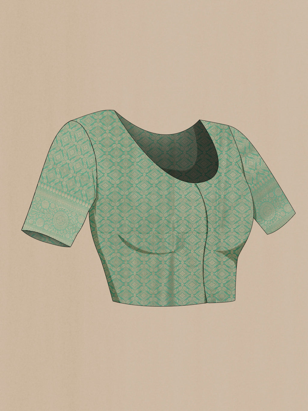 Close up image of the blouse of Pure Silk Sea Green Banarasi Saree with Zari Brocade on the body and Zari Border. 