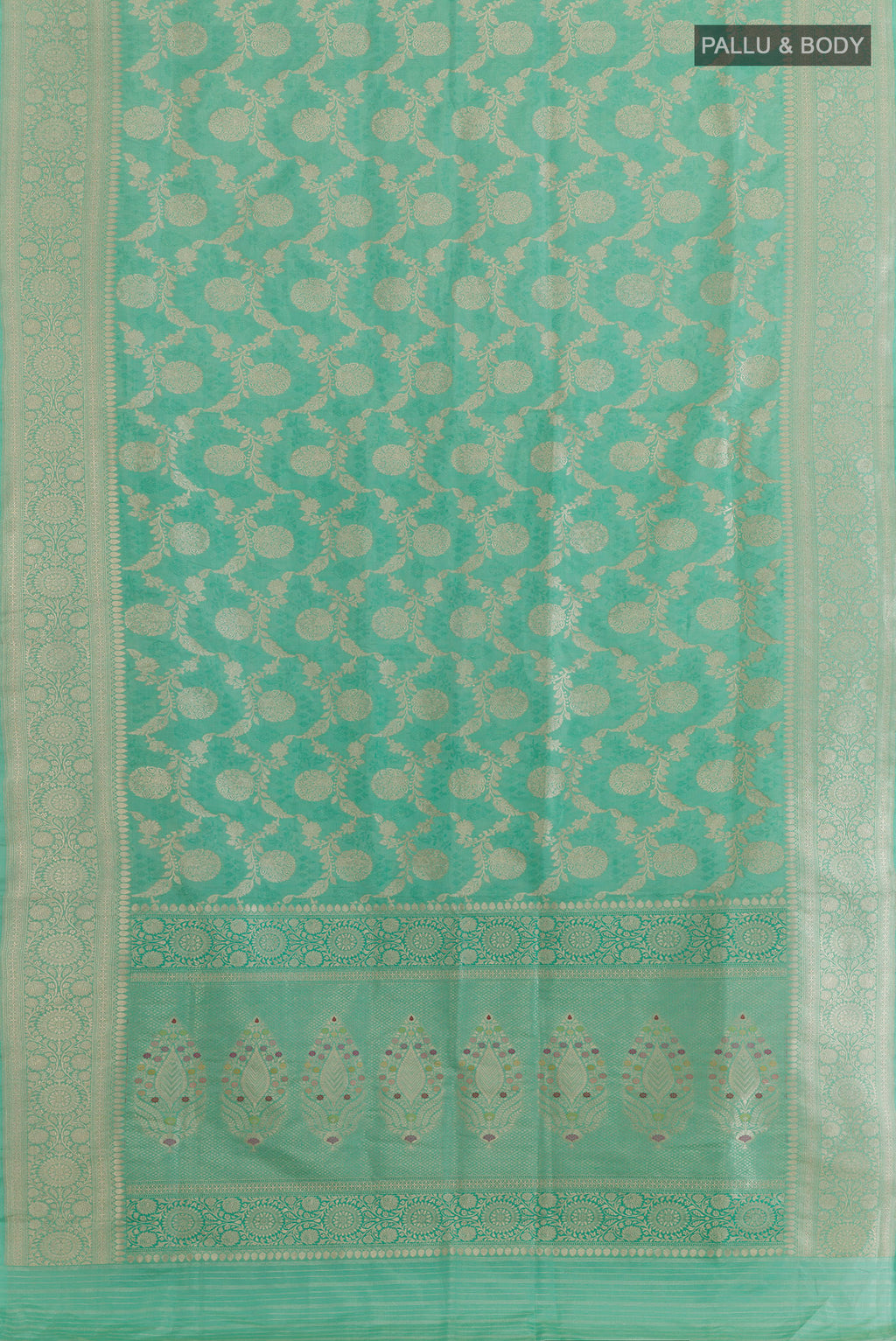 Flat view of Pure Silk Sea Green Banarasi Saree with Zari Brocade on the body and Zari Border. 