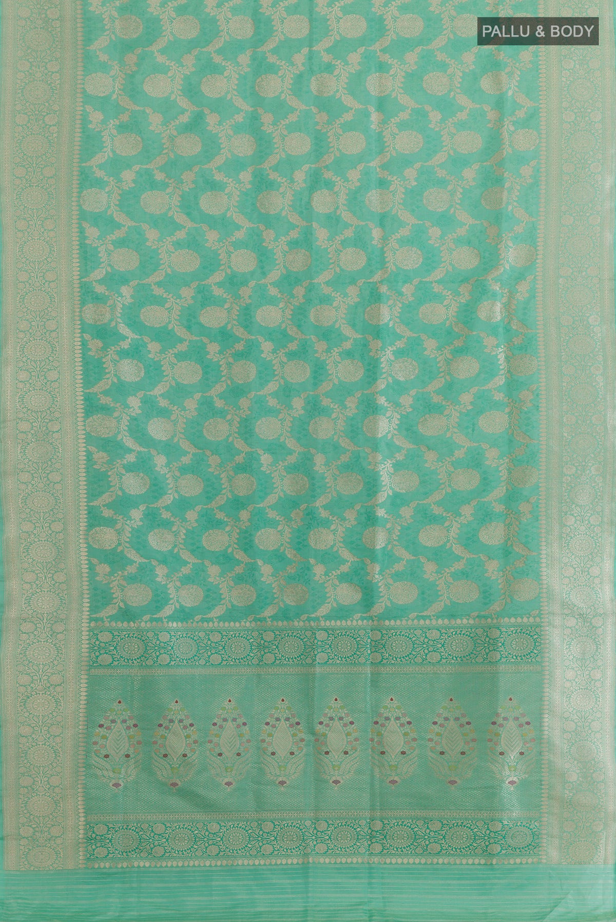 Flat view of Pure Silk Sea Green Banarasi Saree with Zari Brocade on the body and Zari Border. 