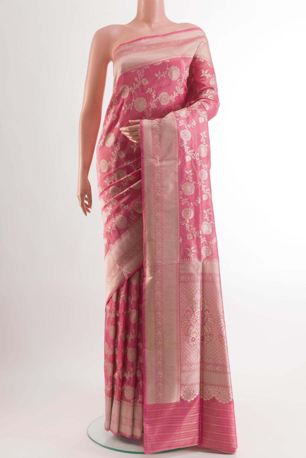 Pink Banarasi Silk Saree with Zari Brocade on the body and Zari Border.  displayed on a mannequin