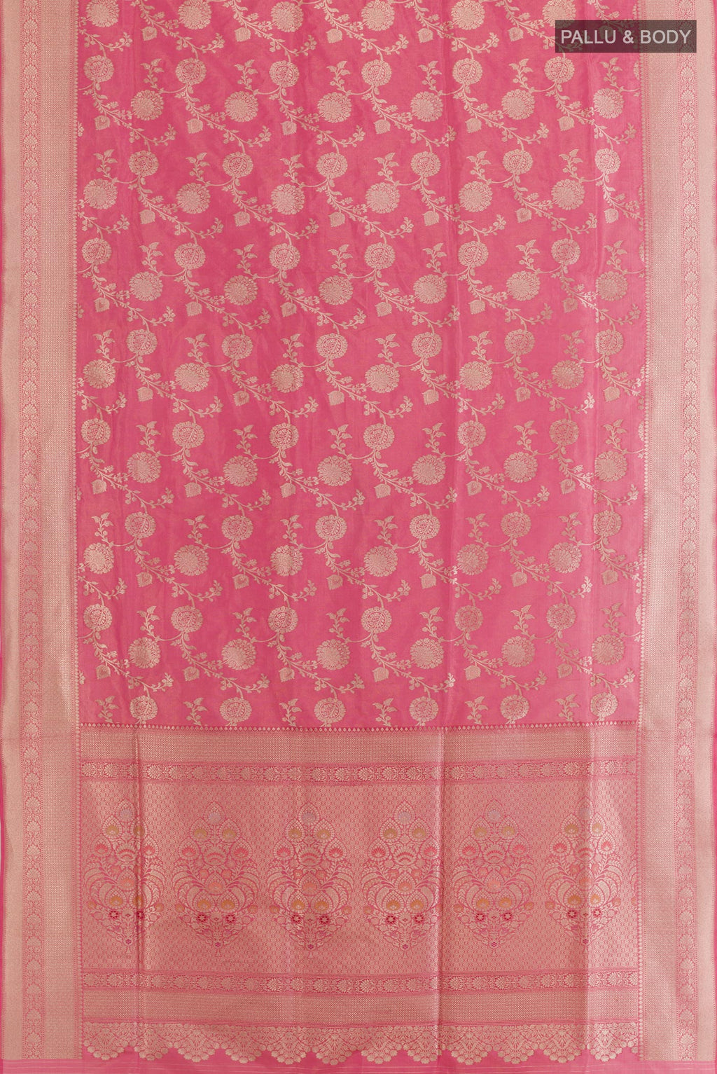 Flat view of Pink Banarasi Silk Saree with Zari Brocade on the body and Zari Border. 