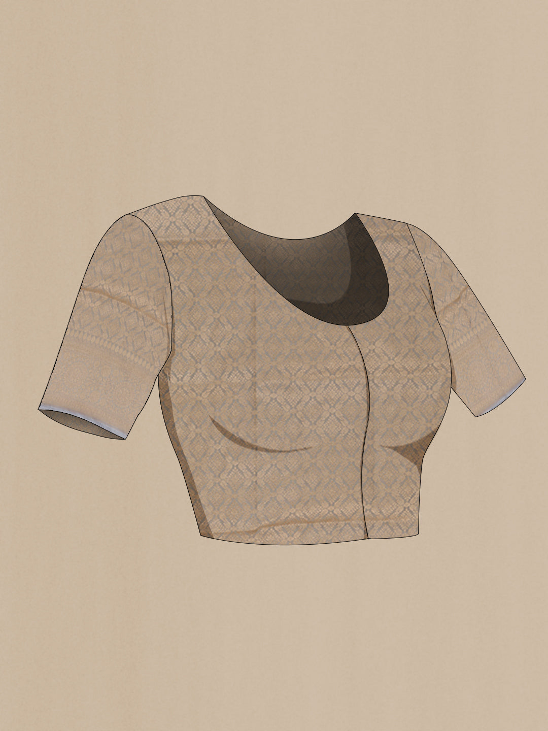 Close up image of the blouse of Grey Banarasi Silk Saree with Zari Brocade on the body and Zari Border. 