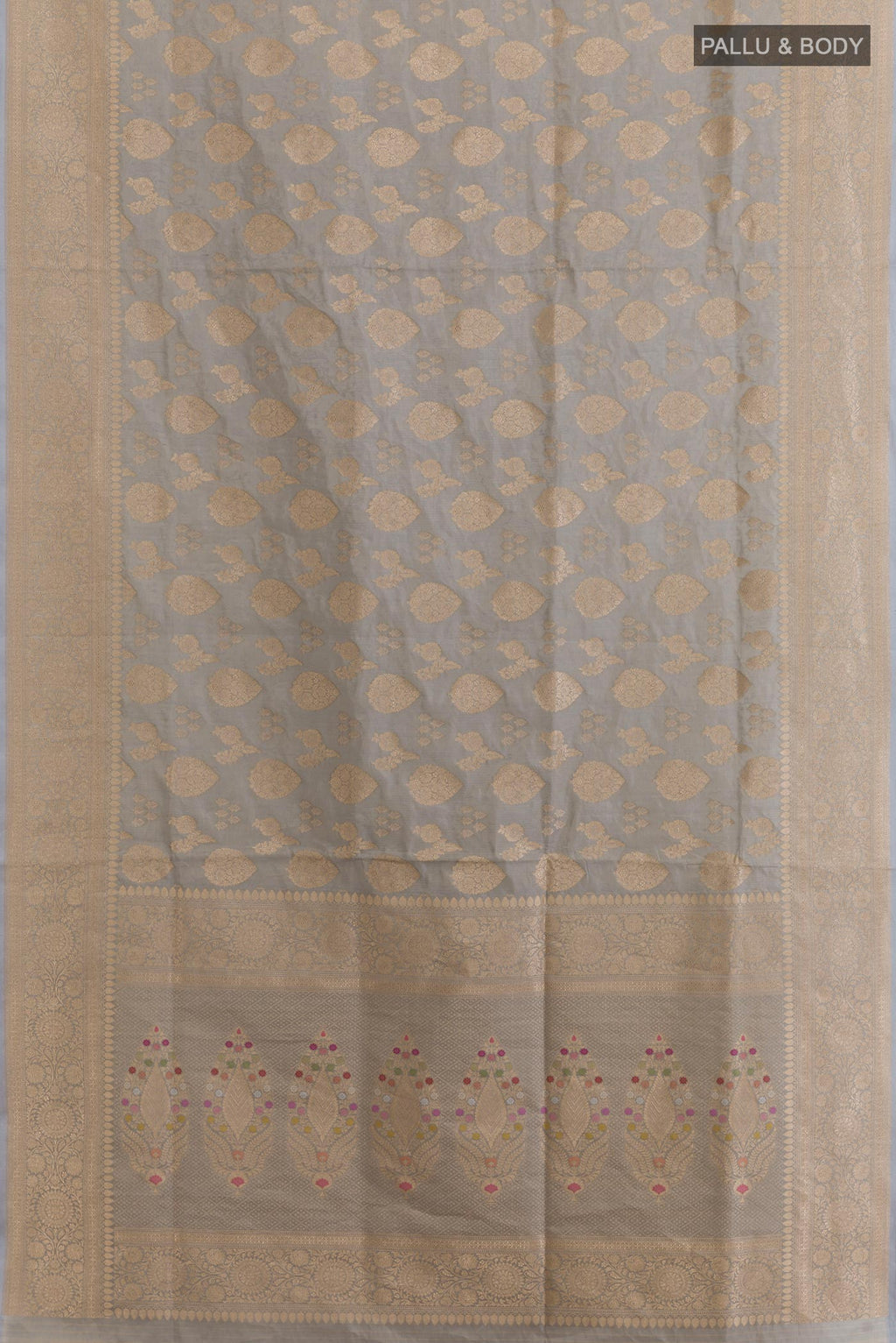 Flat view of Grey Banarasi Silk Saree with Zari Brocade on the body and Zari Border. 