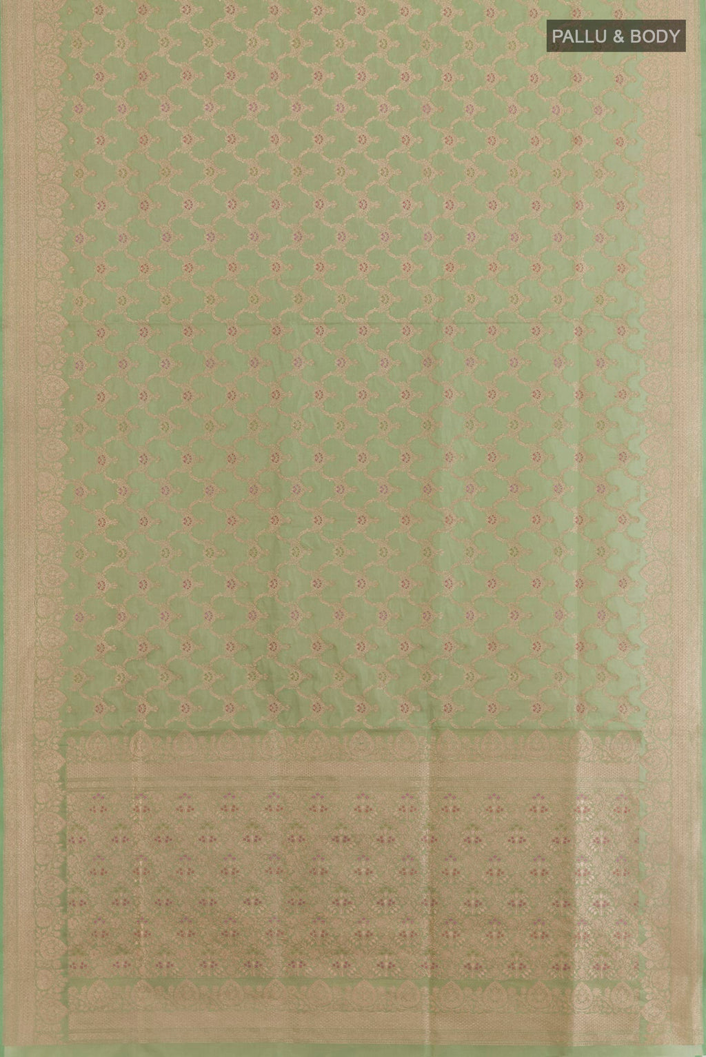 Flat view of Green Banarasi Silk Saree with Zari Brocade on the body and Zari Border. 