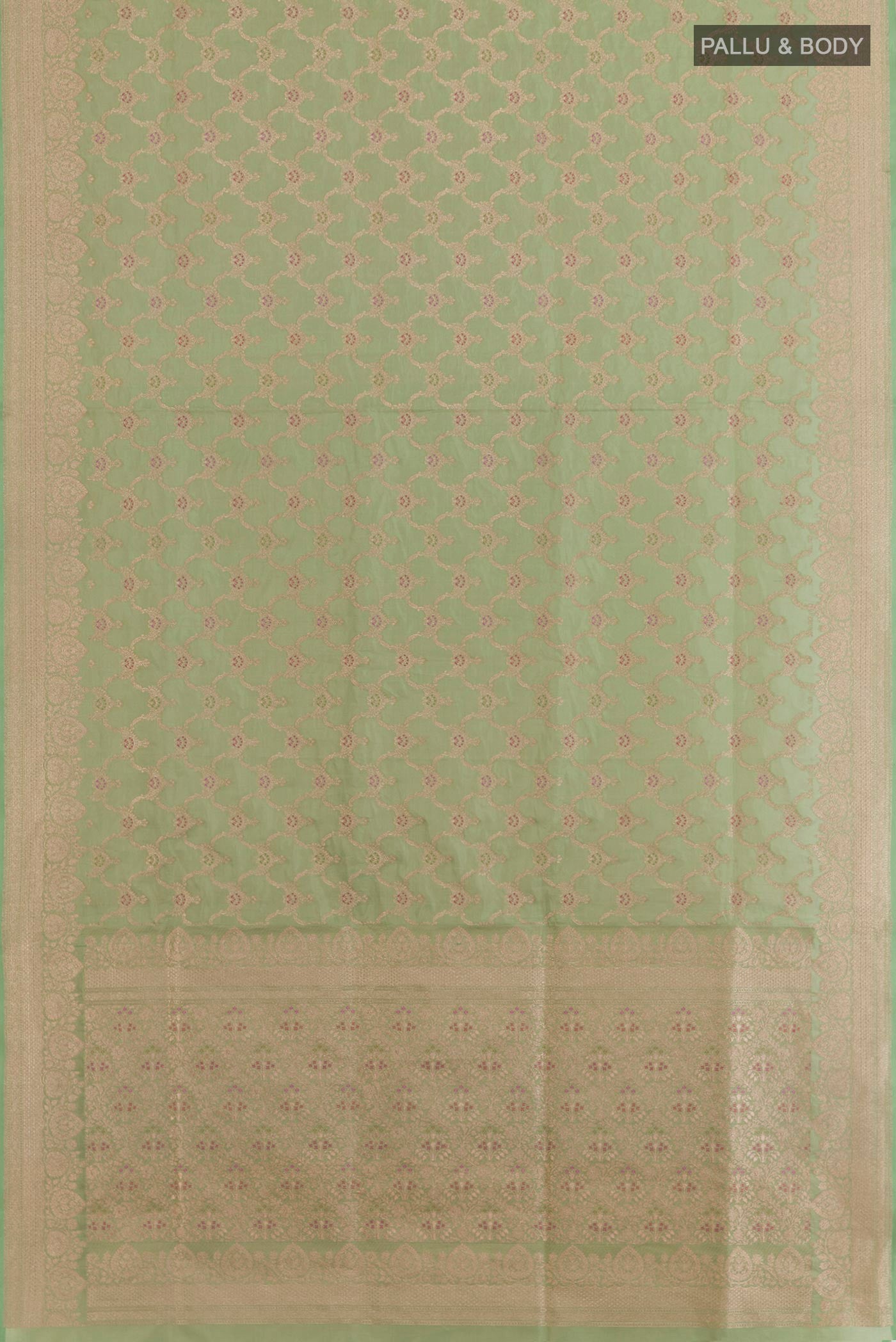 Flat view of Green Banarasi Silk Saree with Zari Brocade on the body and Zari Border. 