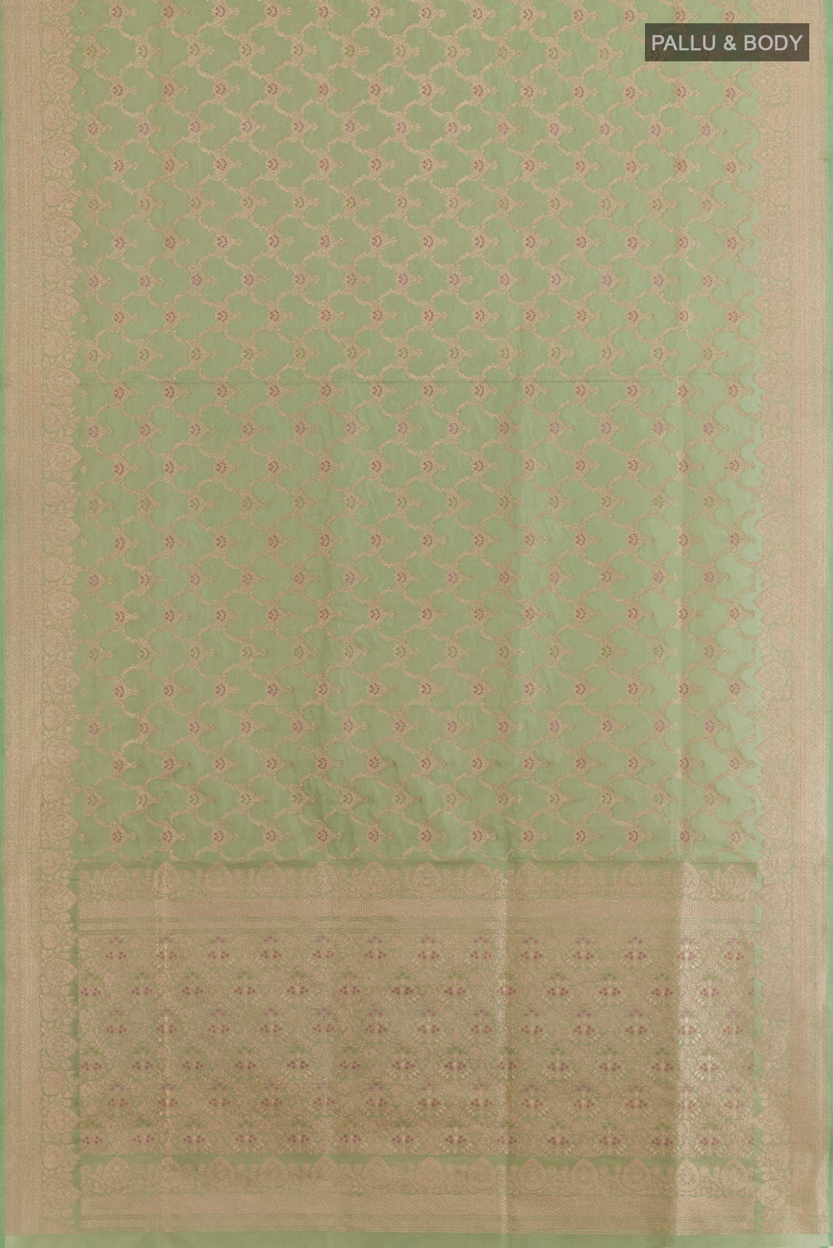 Flat view of Green Banarasi Silk Saree with Zari Brocade on the body and Zari Border. 