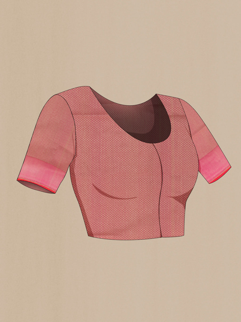 Close up image of the blouse of Pink Banarasi Silk Saree with Zari Brocade on the body and Zari Border. 