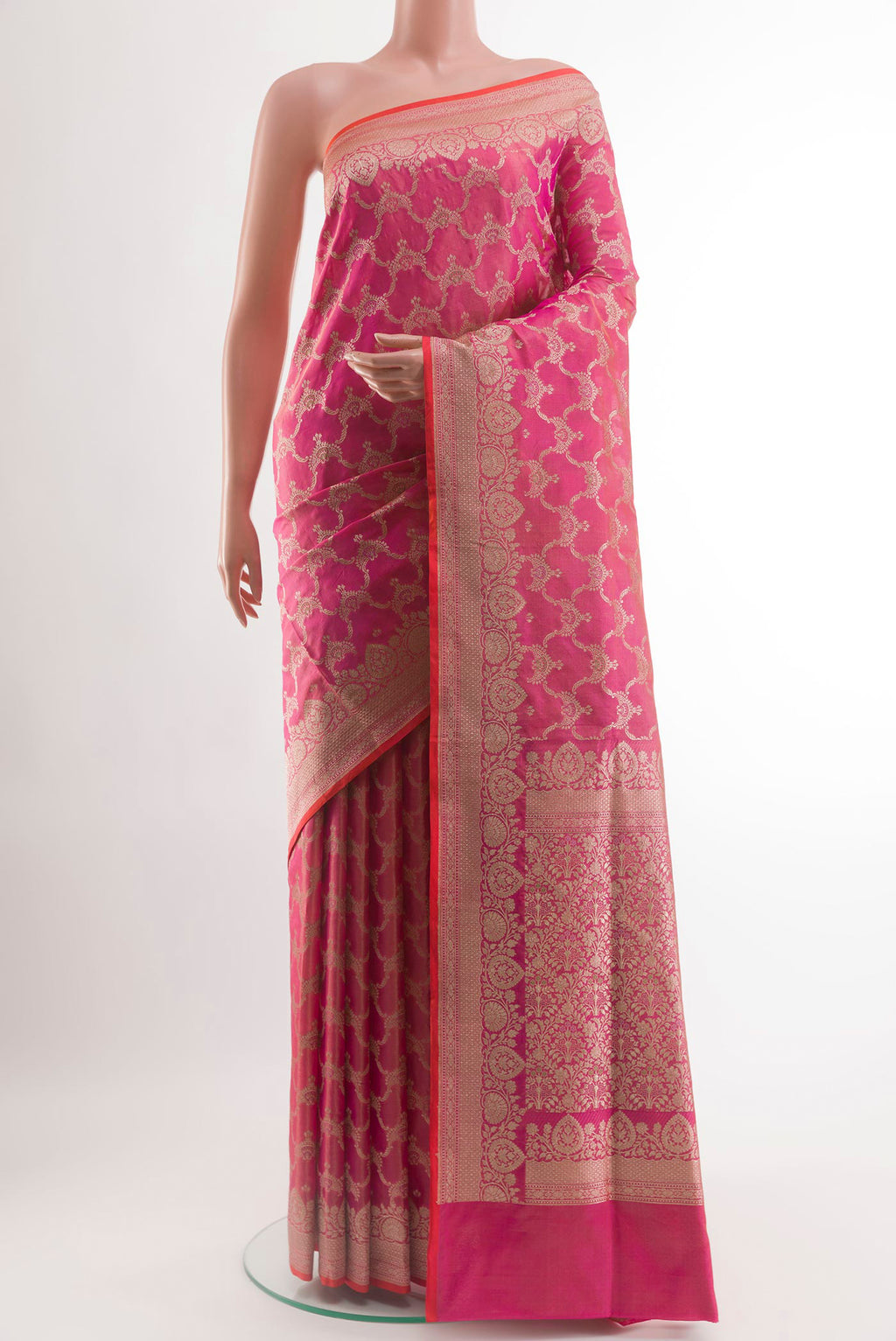Pink Banarasi Silk Saree with Zari Brocade on the body and Zari Border.  displayed on a mannequin