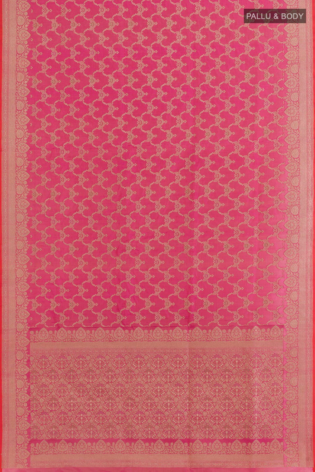 Flat view of Pink Banarasi Silk Saree with Zari Brocade on the body and Zari Border. 