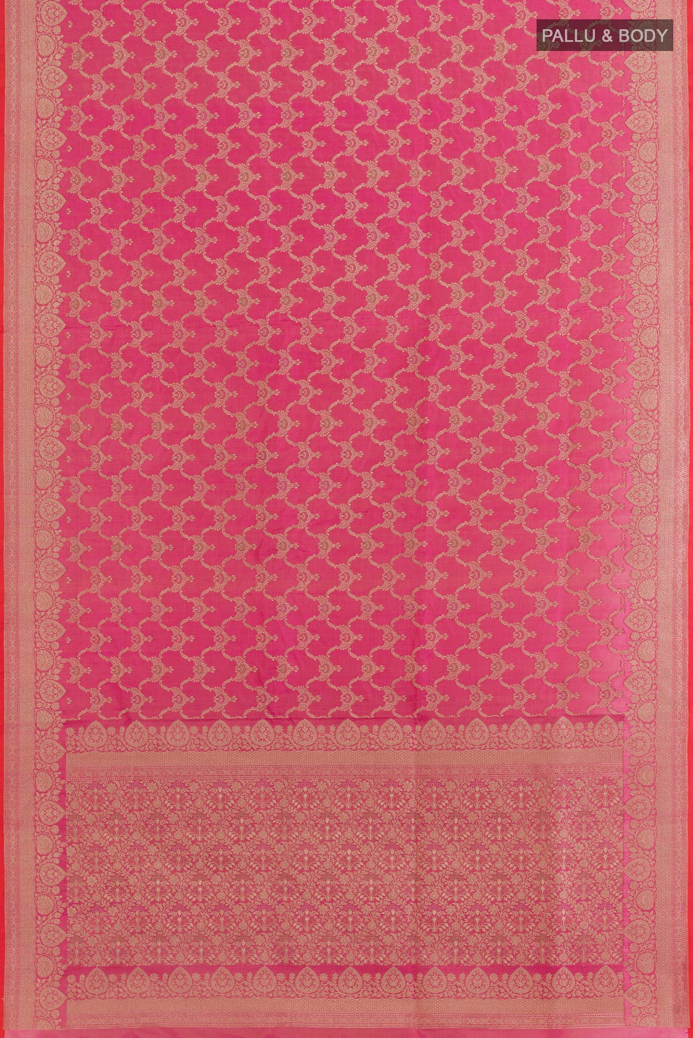 Flat view of Pink Banarasi Silk Saree with Zari Brocade on the body and Zari Border. 