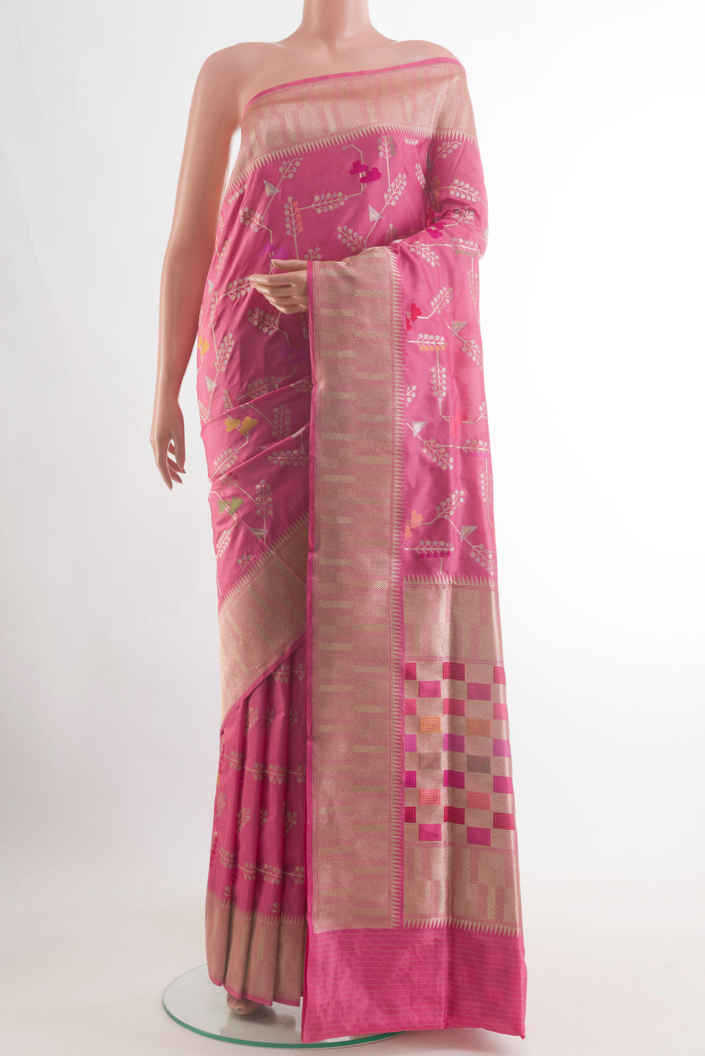 Pink Banarasi Silk Saree with Zari Brocade on the body and Zari Border.  displayed on a mannequin