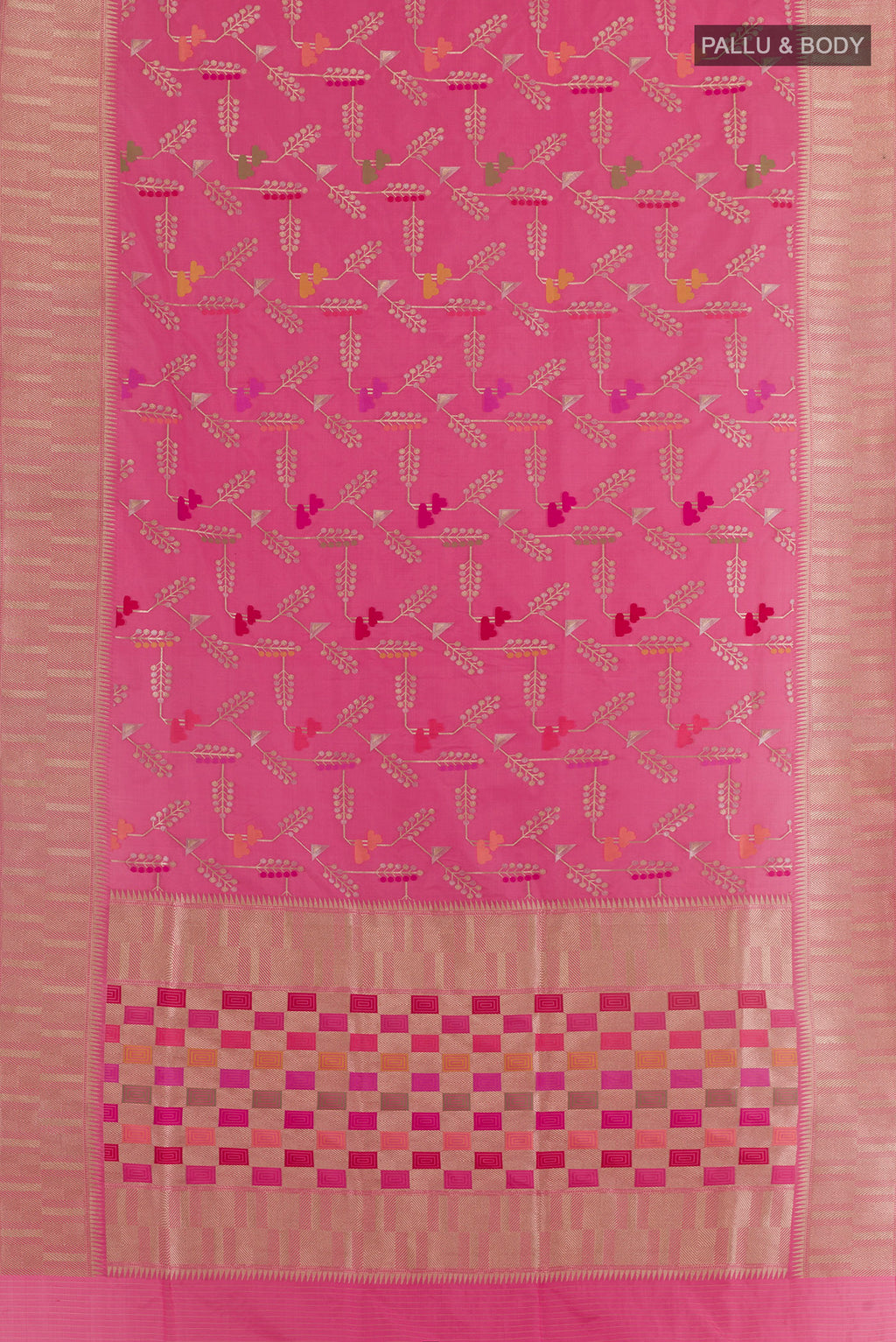 Flat view of Pink Banarasi Silk Saree with Zari Brocade on the body and Zari Border. 