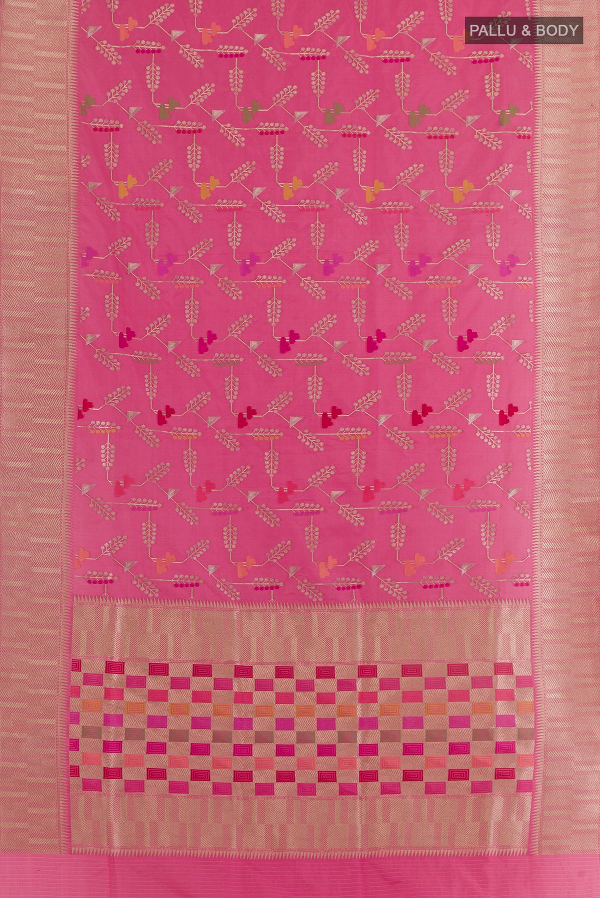 Flat view of Pink Banarasi Silk Saree with Zari Brocade on the body and Zari Border. 