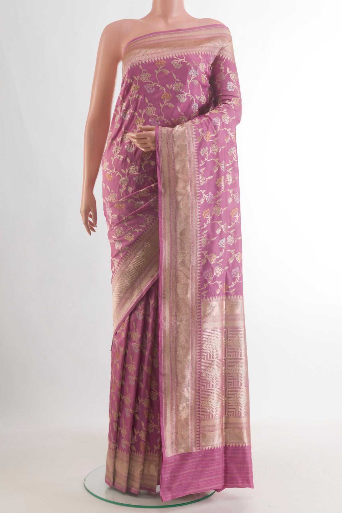 Pure Silk Lavender Banarasi Saree with Zari Brocade on the body and Zari Border.  displayed on a mannequin
