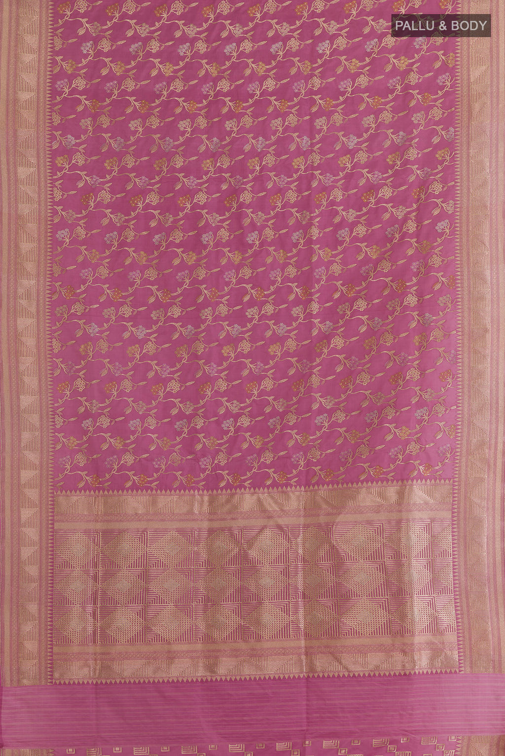 Flat view of Pure Silk Lavender Banarasi Saree with Zari Brocade on the body and Zari Border. 