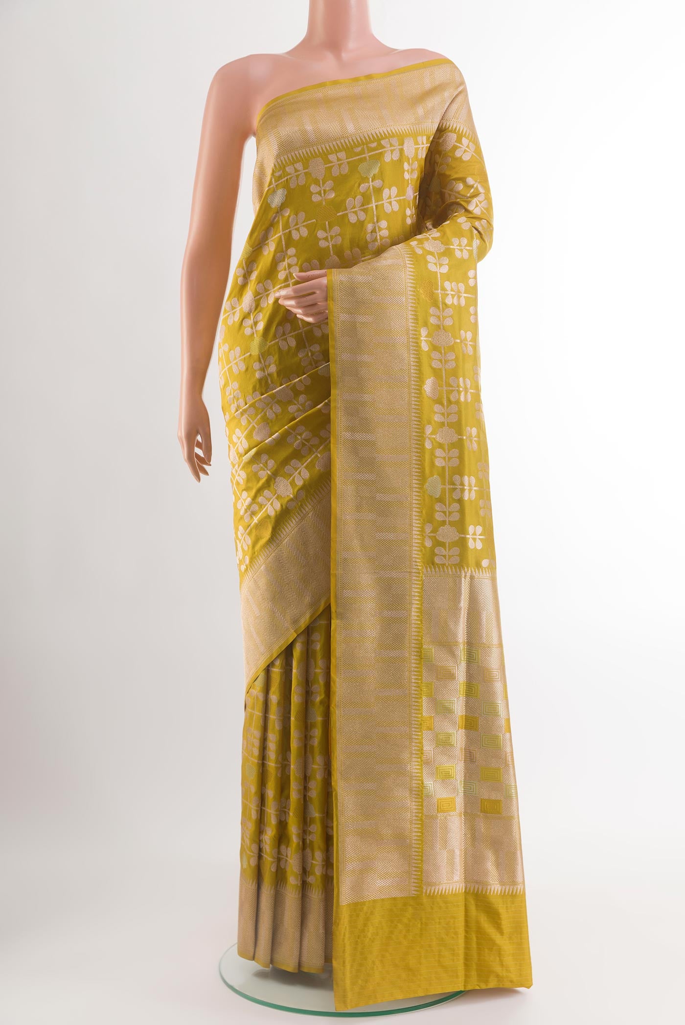Mehandi Green Banarasi Silk Saree with Zari Brocade on the body and Zari Border.  displayed on a mannequin