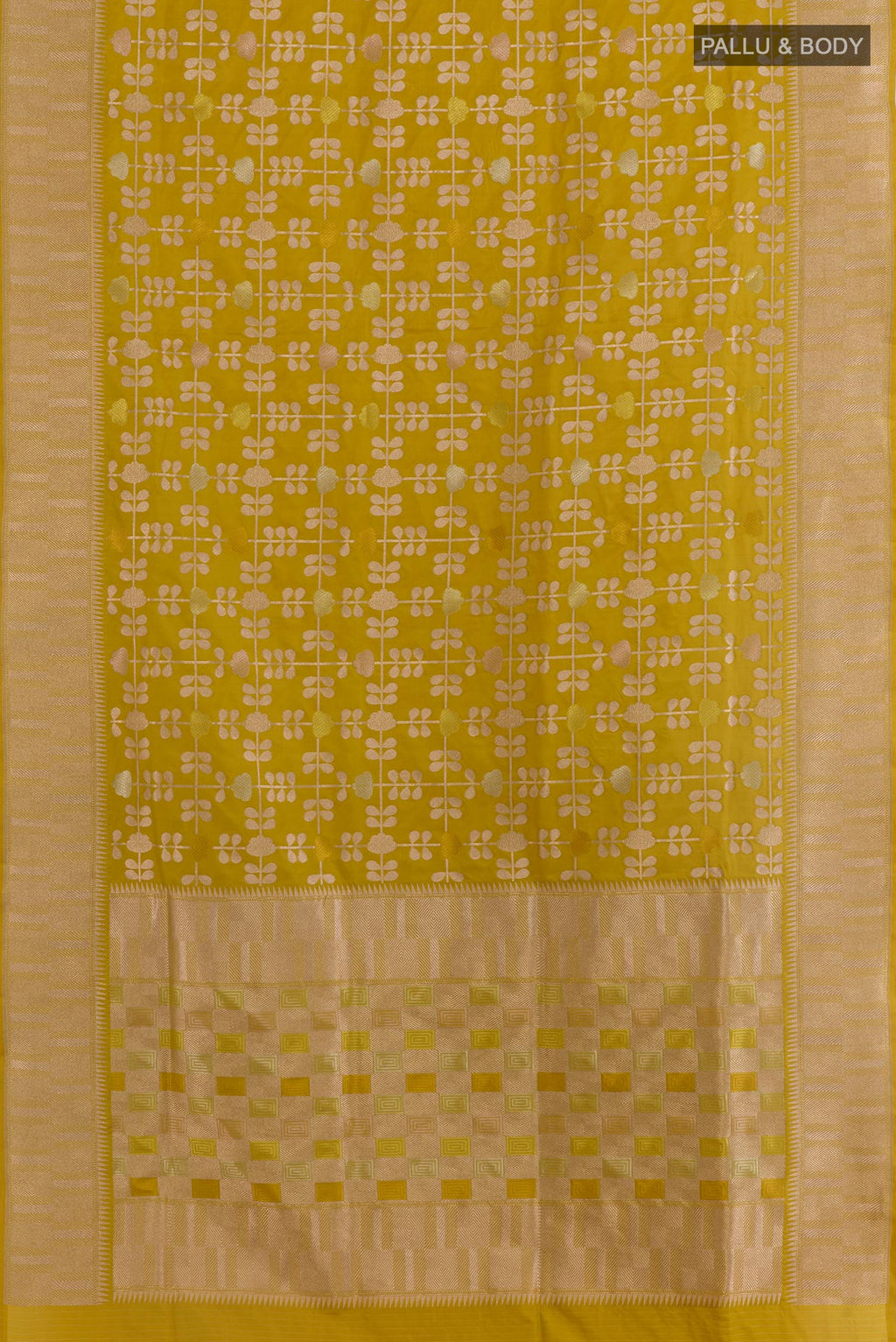 Flat view of Mehandi Green Banarasi Silk Saree with Zari Brocade on the body and Zari Border. 