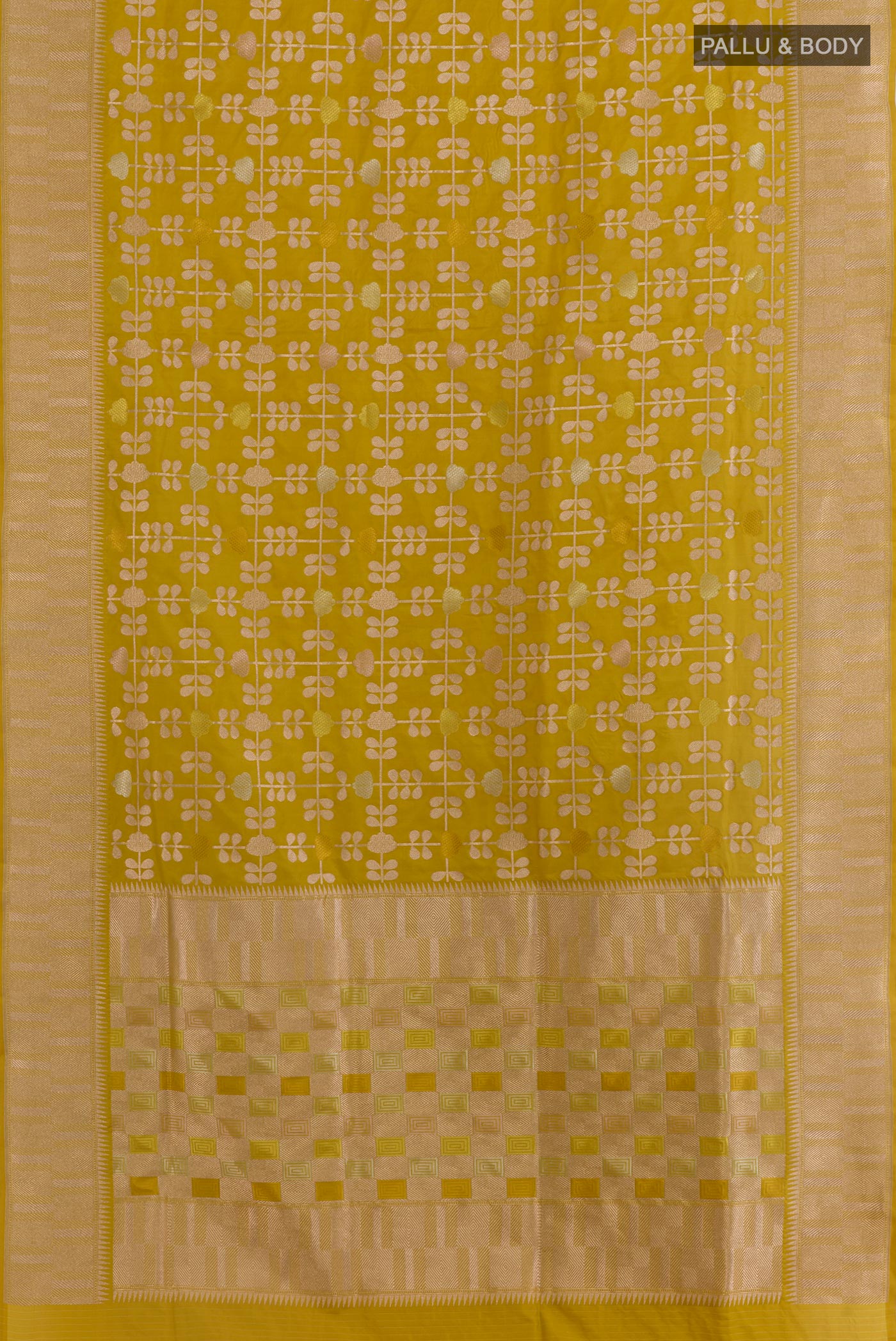 Flat view of Mehandi Green Banarasi Silk Saree with Zari Brocade on the body and Zari Border. 