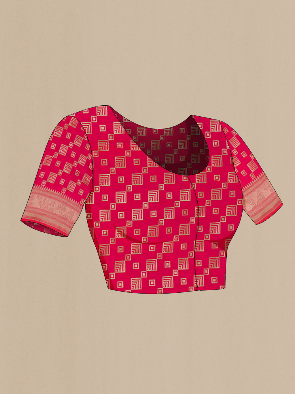 Close up image of the blouse of Pink Banarasi Silk Saree with Zari Brocade on the body and Zari Border. 