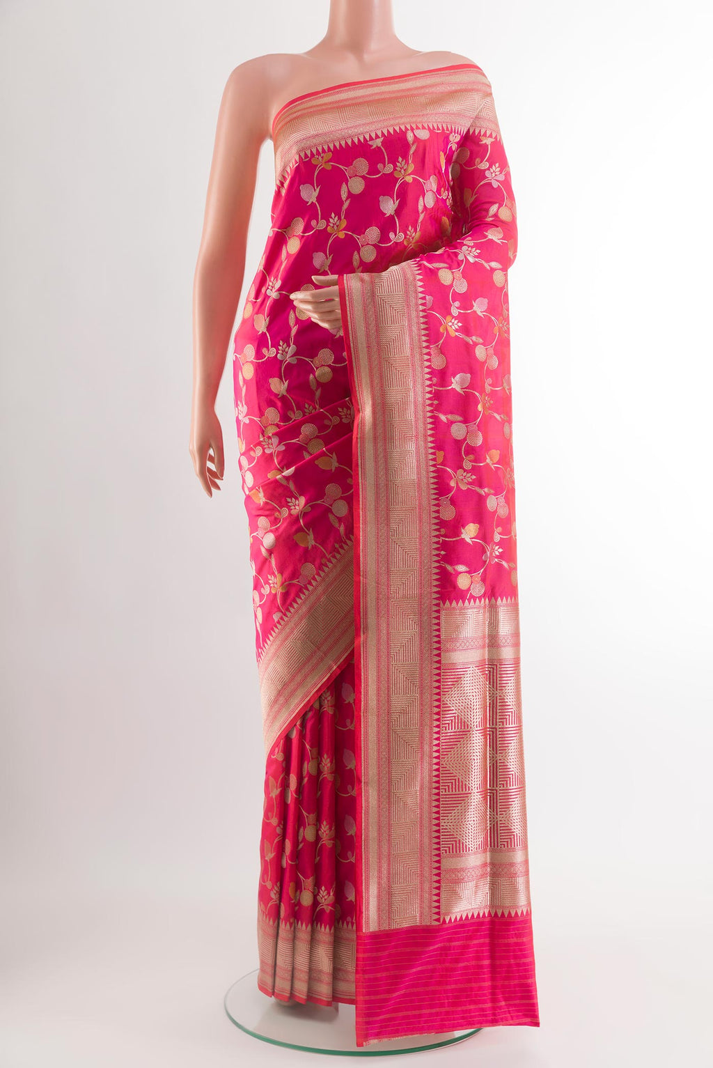 Pink Banarasi Silk Saree with Zari Brocade on the body and Zari Border.  displayed on a mannequin