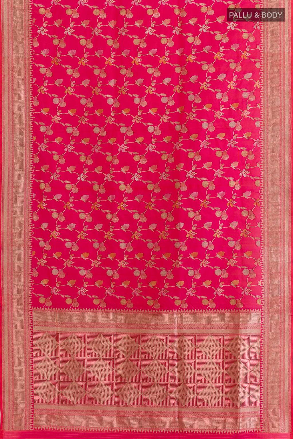 Flat view of Pink Banarasi Silk Saree with Zari Brocade on the body and Zari Border. 